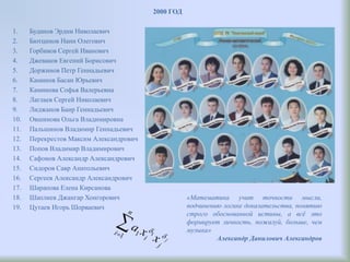2000 ГОД
1. Буданов Эрдни Николаевич
2. Бютцинов Наин Олегович
3. Горбиков Сергей Иванович
4. Джеваков Евгений Борисович
5. Доржинов Петр Геннадьевич
6. Каминов Басан Юрьевич
7. Каминова Софья Валерьевна
8. Лаглаев Сергей Николаевич
9. Лиджанов Баир Геннадьевич
10. Овшинова Ольга Владимировна
11. Пальшинов Владимир Геннадьевич
12. Перекрестов Максим Александрович
13. Попов Владимир Владимирович
14. Сафонов Александр Александрович
15. Сидоров Савр Анатольевич
16. Сергеев Александр Александрович
17. Шарапова Елена Кирсанова
18. Шаплиев Джангар Хонгорович
19. Цутаев Игорь Шорваевич
«Математика учит точности мысли,
подчинению логике доказательства, понятию
строго обоснованной истины, а всё это
формирует личность, пожалуй, больше, чем
музыка»
Александр Данилович Александров
 