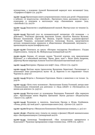 путешествии, а художник Алексей Капнинский нарисует всех желающих! (изд.
«Серафим и София») (к. 314) 8+
13.00–13.45 Презентация книги астрономических стихов для детей «Отраженные
в небесах» от издательства «Astrobook». Прочитаем стихи, расскажем истории о
созвездиях и поиграем в настольную игру «Запоминаем зодиак» (изд.
«Astrobook») (к. 221) 6+
13.00–14.45 Знакомство с азербайджанской сказкой. Мастер-класс по чеканке (к.
313) 5+
13.00–14.45 Круглый стол по познавательной литературе «От познания – к
действию». Участвуют философ Анастасия Гачева, писатели Наталья Волкова,
Михаил Есеновский, Сергей Ив. Иванов, Сергей Силин, художник-фантаст
Геннадий Тищенко, космонавт-любитель Александр Хохлов, представители
детских познавательных журналов и общественных объединений, энтузиасты –
пропагандисты науки (конференц-зал)
13.30–15.00 Спектакль из цикла «История государства Российского». Студия
сторителлинга, театр им. Вс. Мейерхольда (концертный зал) 8+
13.30–15.00 Лекция «О загадке сказки "Золотой ключик, или приключения
Буратино" и о юбилейной выставке "Крекс, фекс, пекс"». Ведет Инна Андреева,
директор Музея-квартиры Алексея Толстого (большой выставочный зал) 12+
14.00–14.45 Викторина «Правда или миф?» (изд. «Clever») (к. 234) 6+
14.00–14.45 Весёлая наука (археология Валентина Берестова). Рассказывает и
показывает кино руководитель музея «В. Д. Берестов и его окружение» Ольга
Чурсина (к. 305) 12+
14.00–14.45 Встреча с Леонидом Сергеевым. Книги о животных и не только (к.
314) 8+
14.00–14.45 «Хочу стать человеком». Выступление Елены Усачевой, автора книг
«Энциклопедия отношений для девчонок» и «Будь собой!» и «Путеводитель по
жизни для девочек» (к. 313) 10+
14.00–14.45 Мастер-класс от художницы Екатерины Рожковой «Мы нарисуем
дом». Презентация книги Марины Цветаевой «Каток растаял» (Издательство
«Август») (к. 238) 8+
14.00–14.45 Художник и писатель. Анастасия Орлова и Игорь Олейников.
«Речка, речка, где твой дом?», презентация книги (изд. «Детгиз») (к. 240) 6+
14.00–15.00 Встреча с Михаилом Есеновским (Пушкинская комната, к. 311) 10+
15.00–16.30 «Реактив шоу» (опыты по химии и физике) (Музей занимательных
наук «Экспериментаниум») (концертный зал) 8+
15.00–15.45 Александр Тимофеевский. «Как холодильник превратился в
будильник?» Чудесные превращения в мире техники (изд. «ОГИ») (к. 238) 6+
 