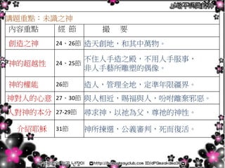 獻給不認識的神
講題重點：未識之神
內容重點 經 節 撮 要
創造之神 24、26節 造天創地，和其中萬物。
神的超越性 24、25節
不住人手造之殿，不用人手服事，
非人手藝所雕塑的偶像。
神的權能 26節 造人，管理全地，定準年限疆界。
神對人的心意 27、30節 與人相近，賜福與人，吩咐離棄邪惡。
人對神的本分 27-29節 尋求神，以祂為父，尊祂的神性。
介紹耶穌 31節 神所揀選，公義審判，死而復活。
 