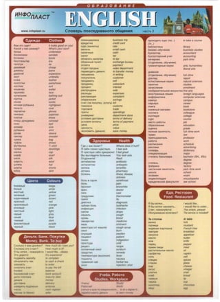 HH4'0nAACT
TM
www.infoplast ru Cnoeapb noec&AHeeHoro o6114eHMH
O,qe>1<,qa Clothes
BaM 3TO 1<1AeT! It looks good on you!
KaKOH y sac paaMep? What's your size?
6enbe underwear
60COHOlKKl-1 sandals
6ornHK1<1 boots
6t0cnanbTep bra
rancryK tie
AeWeSblH cheap
Alt<l-1HCbl jeans
AOporoH expensive
30HT umbrella
KOlKa leather
KOnroTKl-1 pantyhose
KOCTIOM suit
KoweneK wallet
KPYlKBSO lace
KynanbHl-1K bathing suit
KYPTKa jacket
HOCKl-1 socks
HOYHaR py6awKa nightgown
nanbTO coat
nepYaTKl-1 gloves
n1-1lt<aMa pajamas
nnaTbe dress
nnaLJ.1-AOlKAeS1<1K raincoat
nORC belt
paaMep size
py6awKa shirt
pyKaS sleeve
CS1<1Tep sweater
cyMKa bag
Tycpn1-1 shoes
¢YT60nKa T-shirt
YynKl-1 stockings
wanKa cap
wapcj:J scarf
wenK silk
wepcTb wool
wnRna hat
wopTbl shorts
t06Ka skirt
~eern Colours
6elt<eSblH beige
6enb1H white
lKenTblH yellow
aeneHblH green
KOpi.1YH9SblH brown
KpaCHblH red
opaHlKeSblH orange
p030SblH pink
cseTnblH light
cepblH grey
Ci-1Hl-1H blue
TeMHblH dark
cj:J1-1oneTOSblH purple
yepHblH black
AeHbrH. 6aHK. noKynKH
Money. Bank. To buy
CKonbKO R saM AOnlKeH?
CKonbKO 3TO CTOl-1T?
5'I 6b1 xoTen... no>Kany~cTa
3To AOporo!
nOAasaTb >Kano6y
06Hani.141<1Tb YeK
3aKa3aTb
onnaTi.1Tb CYeT
6anaHc
6aHKOSCKl-1H CYeT
AaTa nnaTe>Ka
AeHbrlol
AOCTasKa
aa se~ b noA 11Cbl0
How much do I owe you?
How much is it?
I would like... please
It's expensive!
to complain
to cash a check
to order
to pay the bill
balance
bank account
matunty date
money
de ery
KOMaHAl-1POSKa
KpeA1<1TKa
Kypc (santOTbl)
MenOYb
H8ni.1YHble
Hanor
o6naraTb HanoroM
o6MeHHblH nyHKT
onnaTa
OTABn npOAalK
nepeSOA1<1Tb AeHbrn
n1<1CbMeHHO
noKynaTenb
npOAaSaTb
npOAaSel.I
npOLeHT
pacnpoAa>Ka
business trip
credit card
rate
small cash
cash
tax
to tax
exchange bureau
payment
sales department
to transfer money
in writing
customer
sell
salesclerk
interest
sale
pacXOAbl expenses
peKnaMaL11<1R complaint
c6epelt<eH1<1R savings
CYeT (aa noKynKy, ycnyry) bill
TaMO>KHR customs
ToprosnR
TpaTbl
yH1-1sepMar
ycnOBl-1R AOCTaBKl-1
ycnos1<1R onnaTbl
LieHa
l.eHHOCTb
3KOHOMl-1Tb (AeHbri-1)
trade
spendings
department store
terms of delivery
terms of payment
price
value
save money
3,qopoebe Health
rAB y sac 6on1-1T?
5'I ce6R nnoxo YyscTsyt0.
5'I YYSCTBYIO ce6R npeKpacHo!
Bbl sb1rnRA1<1Te 6onbHblM.
0TAOXHl-1Te!
aHrn61-1ornK
aHT1-1cenT1-1K
aHrnHa
anTeKa
6one3Hb
6onb B ropne
6onb
6pOHXl-1T
spay
rnnc
rpaAYCHl-1K
rp1-1nn
A1<1arH03
ay6HaR 6onb
1<1HcpeKL1<1R
Kann1-1
Kawenb
KpOSb
neKapCTSO
Ma3b
Mi.1KCTypa (OT KawnR)
OlKOr
onyxw1-1H
naL11<1eHT
nOHOC
npocryAa
pellem
COnHeYHblH O>KOr
cpeACTBO
TeMnepaTypa (SblCOKaR)
TOWHOTa
TpaSRHO~ YaH
yKon
Where does it hurt?
I feel sick
I feel great!
You look sick
Rest!
antibiotic
antiseptic
tonsillitis
pharmacy
illness; disease;
sickness
sorethroat
pain
bronchitis
doctor
cast
thermometer
flu
diagnosis
toothache
infection
drops
cough
blood
medicine
ointment
cough syrup
burn
swollen
patient
indigestion
cold
recipe
sunburn
remedy
fever
nausea
herbal tea
injection; shot
Yiie6a.Pa6oTa
Studies. Workplace
npOXOA1<1Tb Kypc (no...)
(in...)
61-16n1<10TSKa
6i.13H9C-06yYBHl-19
6yxramep
6yxranrnpcK1<1H yYeT
SBYepHee
(OTAeneH1<1e, o6yYeH1<1e)
ryMaH1<1TapHblB HayKl-1
AHesHoe
(OTAeneH1<1e, 06yYeH1<1e)
AOKn8A
BCTeCTSeHHble HayKl-1
3aHRTl-1R
3ay1-1cneH1<1e
to take a course
library
business studies
accountant
accounting
part-time
arts; humanities;
liberal arts
full-time
report
natural sciences
studies
enrolment
1<1306pa31<1TenbHOe 1<1CKYCCTBO fine arts
1<1HocTpaHHb1e R3b1K1<1 foreign languages
1<1Hcj:JopMarnKa computer sciences
KaMnyc campus
Kapbepa career
KH1<1ra book
KHl-1)f(Hb1H Mara31<1H
Konnera
KonneAlK
Kypc
MBCTO pa60Tbl
06paaosaH1-1e
Ol.eHKa
nonHaR 3aHRTOCTb
npaso
npenoAaSaTenb
pa6orn
pacn1-1caH1-1e
peKnaMa
cnosapb
cneL11-1an1-1aaL11<1R
cTeneHb 6aKanaspa
CTeneHb
cj:Ja6p1-1Ka
YaCTl-14HaR 3aHRTOCTb
WKOna
3K3aMeH
3HL11<1KnoneA1<1R
t0P1<1A1<1YecK1<1H cj:JaKynbTeT
bookstore
colleague
college
course
job
education
grade
full-time work
law
professor
work
schedule
advertising
dictionary
major
bachelor (BA. , BSc)
degree
degree
factory
part-time work
school
exam
encyclopedia
law school
E,qa. PecTOpaH
Food. Restaurant
5'16bl XOTen...
5'I 6bl XOTen 3aKa3aTb...
CYeT, nolt<anyHcTa!
06cny>K1-1saH1<1e sKnt0YeHo?
3a CTOnOM
s1-1nKa
ropY1<1L1a
)KapeHaR KapTOWKa
3aSTpaK
aaKyeKa
Maeno
HO)K
nepel.I
np1-1eM n1<1LJ.11<1
pacT1<1TenbHoe Maeno
cancj:JeTKa
COnb
cneL.11-11<1
CTaKaH
Cblp
yKcyc
yn1<1TKa
xne6
I would like...
I would like to order. ..
The check, please!
The service is included?
At table
fork
mustard
French fries
breakfast
appetizer
butter
knife
pepper
meal
oil
napkin
salt
spices
glass
cheese
vinegar
snail
bread
ftp
cup
chocolate
egg
 