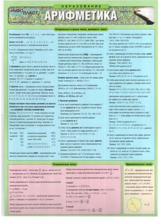 HaTJpani.Hi.ie 11 qen111e 'IMcna, Aen11Mocr11 'IMcen
HaTypanbHb1e y;icna (N) - 1, 2, 3, 4... - Aflil cYeTa npeA-
MeTOB (nono>K11TenbHb1e uenb1e).
Uenble y;icna (Z) - ...-4, -3, -2, -1, O, I, 2, 3,... - or-
p11uaTenbHb1e uenb1e, o.nono>K11renbHb1e uenb1e.
1. a 11 b - HaTypaJJbHble y;icna. Pa3Aen110 a Ha b, nony-
Y11M q 11 B OCTaTKe r: a =bq +r
_ 127125
125 5
2
127=25·5+2
3AeCb a=l27, b=25, q=5, r=2.
2. JlenMMDCTb: uenoe y;icno aAen'1TCH Ha uenoe y;icno b,
ecn11 Cyll.ecrnyer HarypanbHOe Y'1Cno q TaKoe. np11 KOTO-
POM BblnOnHeHO a =b·q 11fl'1 a:b =q, Aefl'1MOe - a, Aen11-
Teflb - b, yacrnoe - q, a KpaTHO b.
np11Mep: 35=5·7, 35 KpaTHO 511 KpaTHO 7;
35:5=7, 35-11en11Moe, 5-11en11renb, 7 - ~acrnoe.
3. npDCTDe Yl1Cfl0 - HarypaJJbHOe Yl1Cn0, KOTOpOe 11MeBT
TOflbKO ABa Aen;iTenR: J '1 caMO 3TO Yl1Cno. CocTaBHDe
Yl1Cfl0 - 11MeeT 6onee ABYX Aen11reneii . npoCTble Y'1Cna:
2, 3, 5, 7, I I, 13, 17, 19, 23., T.A. CocTaBHb1e Y'1cna: 4,
6, 8, 9, 10, 12, 14, 15, 16, 18, 20, 21 '1 T.A.
KaJKADe COCTaBHDe 'IMCflO MDlKHD pa3flDlKMTb Ha npDCTble
MHOlKMTenM MnpM TOM TDflbKO eAMHCTBeHHblM cnoco6oM
- 3TO OCHOBHIUI TEOPEMA APlr111>MEH1Klr1.
np11Mep: 72=2·2·2·3·3=2'-3'. 'lro6b1 nony~11Tb :JTO paJ-
no)l(eH11e, Ha110 pa311en11rb 72 cHa~ana Ha 2 (caMblii Ma-
neHbKl1i111en11renb), nony~11M 36. 3areM y)l(e 36 pa311e-
n11M Ha 2 (caMblii ManeHbKl1i111en11renb), nony~11M 18.
npo11on)l(l1M, noKa He nony~l1M 3, KOTOpaf/ 11en11TCfl TOflb-
KO Ha 3 11 nony~l1M I.
3ro 3an11- 72 2 AHanorn~Ho paJnO)l(l1M 180 2
Cb/8aeTCf/ 36 2 Ha npOCTble MHO)l(l1Ten11 90 2
TaK: 18 2 ~11cna 180 11 600: 45 5
9 3 9 3
3 3
180=2·2·5·3·3= 2'-5-3',
3 3
11 600=2·2·2·5·5·3=2'-5'-3
6onbW'1M noKa3aTeneM. Hanp11Mep, Ha11MeHbwee 06ll.ee
KpaTHOe Y11cen 72, 180, 11 600 eCTb Yl1Cfl0 1800:
HOK(72, 180, 600)=23
·5'-3' = 1800. HOK- 3TO Y11cno,
KOTOpOe Aenl1TC51 11 Ha 72, 11 Ha 180, 11 Ha 600. np11 3TOM
Ha11MeHbwee 113 scex (3600 TO>Ke Aen11TcH Ha 72, 180 11
600, HO He HOK).
Ha116onbw11ii 06ll.11ii Aen11renb (HOil) - npo113seAeH11e
06ll.11X npOCTblX MHO>Kl1Teneii, Ka>KAblii 113 KOTOpblX B351T
c Ha11MeHbWl1M noKa3areneM. Hanp11Mep, Ha116onbw11ii
06ll.11ii Aen11Tenb Y'1Cen 72, 180, 11 600 eCTb Yl1Cfl0 12:
HO,LI, (72, 180, 600) = 2'-3= 12. 06ll.11X Aen11Teneii (Y11-
cen, Ha KOTOpble AenHTCH see 3Tl1 Yl1Cna) y 72, 180 11 600
HeCKOnbKO: 2, 3, 4, 6, 8, 12, HO 6onbwee 113 Hl1X - 12.
B3aMMHO npoCTble '!Mena - ecn11 y Hl1X HeT 06ll.11X Aen11-
Teneii, OTnl1YHblX OT I: HO,Ll,(3, 7)= I.
Anil B3al1MHO npoCTblX Yl1Cen a 11 b cnpaBeAfll1BO:
HOK(a, b) =a·b. .QeiicTBl1TenbHO, HOK (3, 7) =21.
CB513b HOK(a, b) 11 HO,Ll,(a, b):
HOK(a, b)-HO)J,(a, b)=a-b
4. npM3HaKM AenMMOCTM.
1) ecn11 Y11cno 0KaHY110aeTcR u11cppoii 0 11n11 u11cppoii 5,
TO OHO AenMTCA Ha 5 (Ha I0 Aenl!TCR TOflbKO Yl1Cna,
OKaHYl1BalOlJ.11eCR Ha 0).
Hanp11Mep, Ha 511enRTCR: 10, 35, 125, 180, 2135;
2) ecn11 Yl1Cfl0 OKaHYl1BaeTC51 YeTHOii u11cppoii,
TO OHO AenMTCR Ha 2.
np11Mep: 4, 116, 358;
3) YT06bl Yl1Cno AenMnDCb Ha 3 He06XOAl1MO 11 AOCTa-
TOYHO, YT06bl CYMMa era u11cpp Aen11nacb Ha 3.
np11Mep: 9, 24 (2+4=6), 93(9+3=12),
132 (1+3+2=6);
4) '111Cfl0, COAep>Kall.ee He MeHee Tpex 1.111cpp, AeflMTCR
Ha 4, ecn11 Ha 4 Aen11TCH '111Cno, o6pa3oBaHHoe noc-
neAHl1Ml1 ABYMR u11cppaM11.
np11Mep: 136 (36:4=9), 14356(56:4=14);
Ha11MeHbwee 06ll.ee KpaTHOe (HOK) - npm130eAeH11e scex 5) nposepl1M Aenl1MOCTb Ha 7 ( 13) 6onbwora Yl1cna
npoCTblX MHO>K'1Teneii, KaJKAblii '13 KOTOpblX B351T c Ha'1-
254390815. Pa3o6beM era no Tp11 u11cppb1 c KoHua:
PaqMOHan1tH1tie 'IMCna
254 390 815. nonyYeHHble Tp11 Y11cna cno>K11M, Yepe-
AYR 3HaK «+• 11 «-•, HaYaB c nocneAHera:
+815-390+254=679.
3TO Yl1Cn0 Aefll1TCR Ha 7 (679:7=97), HO He Aefll1TC51
Ha 13. 3HaYl1T 11CXOAHOe Yl1Cfl0 254390815 KpaTHO 7,
HO He Aenl1TCR Ha 13;
6) Yl1Cfl0, COAep>Kall.ee He MeHee YeTblpex Ul1¢p, AenMT-
CA Ha 8, ecn11 Ha 8 Aen11TCH Y11cno, 06pa3osaHHOe noc-
neAHl1Ml1 TpeMR u11cppaM11.
np11Mep: 7360 (360:8=45),
598648 (64811en11TCf/ Ha 8);
7) ecn11 CYMMa u11cpp Yl1Cna AenMTCA Ha 9,
TO 11 caMO Yl1Cfl0 Aefll1TCR Ha 9.
np11Mep: 2952 (2 +9+ 5+2= 1811enl1TCf/ Ha 9);
8) YT06bl ABYX3HaYHOe Yl1Cfl0 6blCTpO YMHO>Kl1Tb Ha 11 ,
H3AO pa3ABl1HYTb era u11cppbl, a Me>KAY Hl1Ml1 nocra-
Bl1Tb 11X CYMMy.
np11Mep: 53· I I= 5(5+ 3=8)3=583, 36· I I=396,
47·11=4(4+7= l 1)7=4(11)7=(4+ 1)17=517;
rpeX3HaYHOe Yl1Cfl0 Aefll1TC51 Ha 11 , ecn11 BTOpaH
era u11cppa eCTb CYMMa ABYX APYrl1X.
np11Mep: 143(4= I +3), 572(7=5+2);
YT06bl MHOra3HaYHOe Yl1Cno Aen11nocb Ha 11 ,
H3AO YT06bl CYMMa era u11cpp, B3RTblX c «+ ».
ecn11 u11cppa Ha HeYeTHOM Mecre (HaYl1Ha51 OT eAl1-
H11U). 11 c «- », ecn11 u11cppa Ha YeTHOM MeCTe, Aen11-
nacb Ha 11.
np11Mep: 24569He11enl1TCfl Ha 11 ,
T.K. +9 - 6+5-4+2=6- He 11en11TCfl Ha 11 ,
2694615 (+5-1 +6-4+9-6+2= I l)-11en11TCR
Hal I;
9) Yl1Cfl0, COAep>Kall.ee He MeHee Tpex 1.111cpp, Aenl1TCR
Ha 25, ecn11 Ha 25 Aenl1TCR Yl1Cfl0, o6pa30BaHHOe
nocneAHl1Ml1 ABYMR u11cppaM11.
np11Mep: 125, 7675, 1850;
10) Yl1Cfl0, COAep>Kall.ee He MeHee YeTblpex U11¢p, Ae-
fll1TCH Ha 125, ecn11 Ha J25 Aefll1TCR Yl1Cfl0, o6pa-
30BaHHOe nocneAHl1Ml1 TpeMH u11cppaM11.
np11Mep: 5125, 7375, 1750.
llppaQM0Han11H1111 'IMCna
Pau110HaJJbHb1e Y11cna-Y11cna B11Aa !ff. rAe m- uenoe (mEZ),
n - HaTypaJJbHOe (nE N). MHO>KeCTBO pa1.1110HaJlbHblX Yl1Cen o6o-
3HaYalOT Q(N - YaCTb z. a zBXOAl1T B Q).
n106y10 6eCKOHeYHYIO AeCRTl1YHYIO nepl10Al1YeCKYIO AP06b MO>KHO
npeACTaBl1Tb B Bl1Ae o6blKHOBeHHoii AP0611: 0,3 ( 18)=J.2.
JS 11 ef6 - 11ppau110HaJlbHble Yl1C-
na, Bblpa>KalOTCR 6eCKOHe~HOi111e­
Cf/T11~HOi1Henep1101111~eCKOi111po-
6bl0. CaMoe 113secTHoe 11ppa1.1110-
HaJlbHoe '111Cfl0 - .n:=3, 141592...
3anl1Cb paq110HanbHOrO ~11cna 8 81111e 6ecKOHe~HOi1 11ecf/T11~Hoi1
nep1101111~ecKoi1 11po611:
5=5,00000... =5,(0)
8,377=8,377(0)
7
22 =0.31818... 18...=0,3 (18) - 6ecKOHeYHa.ll nep110A11YeCKa51
AP06b c nepMOAOM 18 (pa3Aen11n11 7 Ha 22 •yronKOM•).
nl060e paU110HaJlhHOe Yl1Cfl0 0
aeCRTH't 01 JI.POOH MIHI B B _e 6ec o~e 0. ne
np11Mep: Jan11caTb 8 81111e 06blKHOBeHHOi111P0611 1,(23) 11 1,5(23).
I cnoco6:
1) nono>K11M x= 1,23232323...
2) nepeABl1HeM 3anRTYIO Ha DAMH nepM01r IOOx = 123,2323...
3) 113 JOOx BblYTeM x: IOOx-x= 123,23... - 1,23...,
99 -12J _ 122T.e. x- -· 3Ha'll1T x-99
4) l (1')_ 12:! -1 :!311TaK. • -~ - 99 - 99
II cnoco6:
1,.: _ = 1..: - 0. _.)= li --:=1:-=--
- OTHOWeH11e Afll1Hbl n1a6oii OKPY>K-
HOCTl1 K ee Al1aMeTpy (.n:- OT rpe'le-
CKOro nepwf!ep11R - OKPY>KHOCTb).
Llt=-
D
 