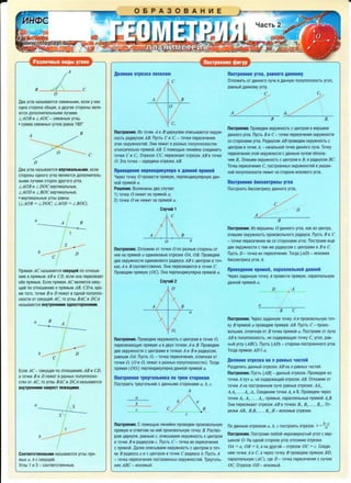 PaanM'IHb1e BMAbl yrnoa
A
0
Aea yrna Ha3b1Ba10TCH cMe)f(HblMl1, ecn11 y H111X
OAHa CTOPOHa 06LI.1a5!, a Apyr111e CTOPOHbl 51Bn51-
IOTC51 AOnOJlHl1TellbHblMl1 ny'laMl1.
LAOB 111 LAOC- CMe)f(Hble yrllbl.
• CYMMa CMe)f(HblX yrnoe pasHa 180°
A B
0
c
D
Aea yrna Ha3b1Ba10TCH sepTMK311bHblMM, ecn111
CTOPOHbl OAHOro yrna 51Bfl5llOTC51 AOnOllH11Tellb-
HblMl1 11y'laM111 cTopoH APYroro yrna.
LAOB 11 LDOC eepT111KallbHbl8,
LAOD 111 L.BOC eepT111KallbHble.
• eepT11KanbH01e yrnb1pasHbl
(LAOB = LDOC; LAOD = LBOC).
a
A B
I 1
/2I
b I
D
C 1
I
np51Ma51 AC Ha3b1saeTcH ceKy1qeii no oTHowe-
H11110 KnpHMblM AB 11 CD, ec11111 oHa nepeceKaeT
o6e npHMb1e. Ecn11 np51Ma51AC51BnReTC51 ceKy-
LI.1911 no OTHoweH11110 K np51Mb1MAB, CD 111, Kpo-
Me Toro, TO'IK111 B 11 DJ19)f(aT BOAHOJil nonynno-
CKOCT111 OT ceKyLI.1el1 AC, TOyrnbl BAC 111 DCA
Ha3b1BalOTCR BHYTP8HHMMM OAHOCTOPOHHMMM.
a B
A
D
Ecn11 AC- ceKyUaR no OTHOWeH1110 AB 11 CD,
a TO'IKl1 B 111 D ne)f(aT s pa3Hb1X no11ynnocKo-
cT5IX OT AC, To yr11b1BAC11 DCA Ha3blBalOTC51
BHyTpeHHMMM HaKpecr nelK31qMMM.
a
" 3
1
b
Coo1se1c1seHHbtMM Ha3b1BalOTC51 yrnb1npR-
MblX a, b c ceKyLI.1el1.
Yrllbl 1 111 3 - COOTBeTCTB8HHble.
06PA30BAHME
YacTb 2
~
noc1poeHHe rpMryp
AeneHMe otpe3Ka nononaM
. c.
A
0
; c,
nocrpoeHMe. 1113 TO'leK A 11 B l.lli1PKY119M on111cb1saeTcsi oKpy)f(-
HOCTb pa,o,111ycoM AB. nycTb c11 C, - TO'IK111 nepece'l9Hl151
3Tl1X OKpy)f(HOCTel1. 0Hl1 ne>KaT B pa3HblX nonynnOCKOCTRX
OTHOC111T91lbHO np51MOJil AB. COOMOUblO 11111H9JilKl1 C08A111Hl1Tb
TO'lK111 C 111 C,. 0Tpe30K CC, nepeceKaeT oTpe3oK AB a TO'!Ke
0. 3Ta TO'lKa - C9P9Al1Ha 0Tpe3Ka AB.
npoB8A8HH8 nepneHAHKynRpa KAaHHOH np!IMOH
'-lepe3 TOYKY 0 npoeecT11 np51MYIO, nepneHA111KYl151PHYIO ,QaH-
HOJil np51MOl1 a.
PeweHMe. Bo3MO>t<Hbl ,o,sa cny'la51:
1) TO'lKa 0 119>Kl1T Ha np51MOl1 a;
2) TOYKa 0 He 118>K111T Ha npSlMOJil a.
Cny'laif 1
. ..c
B
0 a
nocTpoeHMe. 0Tfl0)f(l1M OT TOYK111 0 no pa3Hble CTOPOHbl OT
Hee Ha np51MOJil a o,o,111Hai<o0b1e oTpe3Kl1 OA, OB. npoeeAeM
,o,ee OKPY>KHOCT111 OA111HaKoeoro pa,o,11yca A.Bc l.l9HTPOM a TO'l-
Kax A 11 B cooTBeTCTBeHHO. OH111 nepeceKaioTcsi a TO'lKe C.
npoee,o,eM npsiMyl-0 (QC). 0Ha nepneH,0,11KY!151pHa np51MOl1 a.
A
Cny'laii 2
:· 0
. o,
B
a
nocTpoeHMe. npose,o,eM OKPY)t(HOCTb c l.l0HTPOM 8 TOYKe 0,
nepeceKalOUYIO npRMYIO a BABYX TO'IKax A 111 B. npose,o,eM
ABe OKPY>KHocT111 c l.l8HTpaM11 e TO'IKax A 11 B 111 paA11ycoM,
paBHblM OA. nycTb O, - TOYKa nepece'l8H1115l, OTl111'1Ha5l OT
TO'IKl1 0, (0 111 O, ne)l(aT e pa3Hb1X nonynnocKOCT51X). Tor,o,a
npsiMaH (00,) nepneH,o,11KynsipHa ,QaHHOl1 npsiMol1 a.
noctpoeHMe tpeyronbHHKa no tpeM ctopoHaM
nocrp0111Tb TpeyronbH111K c AaHHblMl1 CTOPOHaM111 a, b, c.
A
4
b
b a
c c B
c
noc1poeHMe. CnoMOUblO n11Hel1K111 npoee,o,eM npo113sonbHY10
npHMYIO 11 OTMeT111M Ha Hel1 npo113sOnbHYIO TOYKY B. PacTso-
poM l.l11PKynsi, pasHblM c, on11cb1saeM OKPY>KHOCTb c l.l0HTPOM
BTO'IKe B 111 P3A11YCOM c. nycTb c- TO'IKa ee nepece'!9H1115l
c npsiMO~. ,[anee on11cb1BaeM OKP~HOCTb c l.l0HTpOM BTO'l-
Ke B paA11yca a 111 c l.l8HTPOM BTO'lKe cP3A111YCa b. nycTb A
- Td'IKa nepece'leH1115I nocrpoeHHblX OKPY>KHOCTeli. Tpeyronb-
Hl1K ABC- 11CKOMblJil.
noc1poeHM8 yrna, paBHOfO A3HHOMY
0TllO>Kll1Tb OT AaHHOfO ny'la B,o,aHHYIO nonynnoCKOCTb yron,
paBHblJil ,o,aHHOMY yrny.
c c,
.
A ·
B
nocTpoeHMe. npose,o,eM OKp~HOCTb c 4eHTPOM Beepw11He
,o,aHHOfO yrna. nycTb B 11 c-TO'IKl1 nepeceY8H11151 OKPY>KHOCTl1
co cTopoHaM111 yrna. PaA·111ycoM AB npose,o,eM oKp~HoCTb c
l.l9HTPOM BTOYKe A,- Ha4anbHOJil TO'IKe ,o,aHHOro J1Y'fa. TO'IKY
nepeceYeH1115I 3TOJil OKP~HOCTl1 c ,o,aHHblMny'IOM o603Ha-
'1111M B1• On111weM oKp~HOCTb c l.l8HTpoM BB1 11 P3A1'1YCOM BC.
TO'lKa nepece<ieH111R C, nocTpOeHHblX OKP~HOCTeli ByKa3aH-
Hol1 nonynnoCKOCT111 ne>K111T Ha CTOPOHe 11CKOMoro yrna.
00CTpOeHM8 6HCC8KTpMCbl yrna
noeTp0111Tb 611CC8KTp111cy ,[J,3HHOrO yrna.
B
noc1poeHMe. 1113 eepW1'1Hbl O,o,aHHoro yrna, KaK 1113 4eHrpa,
on11weM OKPY>KHOCTb np01113BOllbHOro pa,o,111yca. nycTb B 11 c
- TOYK111 nepeceYeH11si ee co cTopoHaM1'1 yrna. nocTpo11M eUe
,o,ee OKPY>KHOCT11 c reM >Ke pa,o,11ycoM c l8HTpaM11 a B 1-1 C.
nycTb D- TOYKa 11X nepeceYeHl151. Tor,o,a [AD) - 11CKOMaR
6111cceKTp111ca yrna A.
nposeaeHMe np1Moit, napannenbHOM aaHHOH
Yepe3 3a,QaHHYIO TOYKY A npoeecT11 npsiMylO, napannenbHYIO
AaHHOl1 np51MOJil a.
D .rA
...
'
a
I
I
I
· B c
nocTpoeHMe. '-lepe3 33,QaHHYIO TO'IKYA 11 npo113BOllbHYIO TOY-
KY B npHMOJil a npose,o,eM npsiMy10 AB. nycTb C - npo113-
BOl1bHa51, OTl1111'1Ha51 OTB TO'IKa np5lMOl1 a. nocTp01'1M OTnyya
AB B nonynnocKOCTb, He co,o,ep>KaUYIO TOYKY C, yron, pas-
Hb11il yrny (ABC). nycTb [AD) - CTdpOHa nocTpOeHHOrO yrna.
Tor,o,a np51MaA AD II a.
AeneHHe 01pe3Ka Ha n paBHblX 'tacteit
Pa3.Qen1'1Tb ,o,aHHbli1 OTpe30K AB Ha n paBHblX <JacTeli.
nocTpOeHMe. nyCTb (AB) - .QaHHblfi OTP030K. npoBe.QeM 1113
TOYKli1 A llY'l a, He co,o,ep)f(aLI.11'111 OTP030.J< AB. 0TnO>Kl1M OT
TO'IKl1 A Ha nocTpoeHHOM nyye paBHb1e orpe3Kl1: AA1o
A1A2, ••• , A•.,A•. Coe,0,11Hl1M TO'IK111 A. ~ B. npose,o,eM Yepe3
TO'lKli1 A,, A2, ••• , A•., np51Mble, napanneJJbHble np51MOJil A,,B.
OH11 nepeceKalOT oTpe3oK AB s TOYKax B,, B2, ... , B•.,. 0T-
pe3Kl1 AB,, B,B2, ... , B•.,B - 1i1CKOMb1e orpe3Kl1.
no ,o,a,HHblMorpe3KaM a, b, c nocTpo111Tb orpe30K x = b~c
noCTpoeHMe. nocTpo111M nt060Ji Hepa3eepHyTb1Jil yron c sep-
w1-1Holi 0 . Ha 0,0,HOJil CTOPOHe yrna OTJ10)1(1i1M OTP83K111
OA =a, OB =b, a Ha,o,pyrofi - orpe30K OC = c. Coe,o,~­
Hl1M TOYKli1 A 11 C, a Yepe3 TO'lKY B npose.QeM npHMYIO BD,
napannenbHYIO (AC), r,o,e D- TO'IKa nepece'leH111A c 11yYOM
OC. 0Tpe3oK OD- 11CKOMb1Jil.
..
 