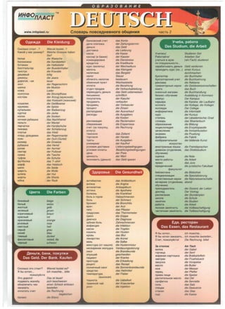 www.infoplast.ru Cnoeapb noeceAHeeHoro o6~eHMSI
-------.....0Ae>KAa Die Kleidung
CKOllbKO CTOl1T ..?
KaKoM y sac pa3Mep?
6e11be
60COHO>KKl1
60Tl1HK11
6t0CTrallbTep
raflCTYK
AeweebtM
A>K11HCbl
AOporoM, -afl
30HT
wanKa
KO>Ka
KOllfOTKl1
KOCTIOM
KOWeneK
Kpy>KeBO
KynallbH11K
KYPTKa
HOCKl1
HOYHafl py6awKa
nanbTO
nepYaTK11
n11>KaMa
nnaTbe
n11aU1- AO>KAeB11K
nOflC
pa3Mep
py6awKa
pyKaB
CBl1Tep
CYMKa
TycjJ1111
QJYT6011Ka
wapcjJ
we11K
wepCTb
w11flna
wopTbl
I06Ka
Wieviel kostet. ..?
Welche Groesse haben
Sie?
die Waesche
die Sandaletten
die Halbstiefel
der Buestenhalter
die Kravatte
bi/lig
die Jeans
teuer
der Regenschirm
die Muetze
Leder
die Strumpfhose
der Anzug (My>KcKoii);
das Kostuem (>KeHcK11ii)
die Geldboerse
die Spitze
der Badeanzug
dieJacke
die Socken
das Nachthemd
der Mantel
die Handschuhe
der Sch/afanzug
das Kleid
der Regenmantel
der Gurt (Gurtelj
die Groesse
das Hemd
der Aermel
der Pullover
die Tasche
die Schuhe
das T-shirt
das Halstuch
die Seide
die Wolle
derHut
die Shorts
der Rock
'-'eern Die Farben
6e>KeBbtM beige
6e11btM weiss
>KellTblM gelb
3e11eHbtM gruen
KOp11YHeBblM braun
KpaCHblM rot
opaH>KeBblM orange
p030BblM rose
CBeTllblM hell
cepbtM grau
Cl1Hl1M blau
TeMHblM dunkel
QJ110110TOBblM violet!; Ii/a
ciepHblM schwarz
AeHbrH, 6aHK, noKynKH
Das Geld. Der Bank. Kaufen
CKOllbKO 3TO CT011T?
5'I 6bl XOTell...
no>Ka1iyMcTa
3To AOporo!
nOAaBaTb >Kano6y
o6Halll1'-111Tb YeK
3aKa3aTb
on11aTl1Tb CYeT
6anaHc
Wieviel kostet es?
/ch moechte... bitte
Das ist teuer!
sich beschweren
einen Scheck einlosen
bestellen
die Rechnung
begleichen
die B lanz
6aHKOBCK11M CYeT das Konto
AaTa nnaTe>Ka der Zahlungstermin
AeHbrl1 das Geld
AOCTaBKa die Lieferung
Kacca die Kasse
Kacc11p (a 6aHKe) der Kassier
KOMaHA11POBKa die Dienstreise
KpeAl1TKa die Kreditkarte
Kypc (BMIOTbl) der Wechselkurs
MellO'-lb das Kleingeld
HM11'-1Hble das Barge/d
Hanor Steuer
0611araTb HanoroM besteuern
o6MeHHblM nyHKT Wechselstelle
onnaTa die Bezahlung
OTAen npOAa>K die Verkaufsabteilung
nepeBOA11Tb AeHbrn das Geld ueberweisen
nl1CbMeHHO schriftlich
noKynaTellb der Kaeufer
npOAaBaTb verkaufen
np0Aaee4 der Verkaeufer
npo4eHT dieZinsen
pacnpOAa>Ka der Ausverkauf
paCXOAbl die Ausgaben;
die Kosten
peK11aMa411fl die Reclamation
c6epe>KeH11fl die Ersparnisse
ccieT (3a noKynKy, die Rechnung
ycnyry)
TaMO>KHfl dasZollamt
TOproBllfl der Handel
TpaTbl die Ausgaben
yH11eepMar der Kaufhof
yc110011flAOCTa0K11 Lieferungsbedingugen
yc110011fl on11aTb1 Bezahlungsbedingungen
4eHa der Preis
4eHHOCTb der Wert
3KOHOMl1Tb (AeHbf11) das Geld sparen
3Aopoebe Die Gesundheit
aHTl16110Tl1K
aHrnHa
aHTl1CenTl1K
anTeKa
6011e3Hb
6011b e ropne
60llb
6pOHXl1T
spay
rnnc
rp~yCH11K
rp11nn
A11arH03
3y6Hafl 60llb
l1HQJeK4l1fl
Kan1111
Kawenb
KpOBb
neKapCTBO
Ma3b
M11KCTypa (OT KaWllfl)
HeceapeH11e>Ke11yAKa
O>KOr
onyxw11M
na411eHT
npOCTYAa
COllHe'-IHblM O>KOr
cpeACTBO
TBMnepaTypa
(BblCOKafl)
TOWHOTa
TpaBS'lHOM YaM
YKOll
das Antibiotikum
dieAngine
Antiseptikum
die Apotheke
die Krankheit
Halsschmerzen
derSchmerz
die Bronchitis
der Arzt
das Pf/aster
das Thermometer
die Grippe
die Diagnose
Zahnschmerzen
die lntektion
die Tropfen
der Husten
das Blut
die Arznei
die Sa/be
die Hustenmixtur
Verdauungsstorung
die Brandwunde
geschwollen
der Kranke
die Erkaeltung
das Rezept
die Sonnenbrandwunde
das Hei/mittel
der Fieber
die Uebelkeit
der Kraeutertee
die lnjektion
48CTb 2
YYe6a, pa6oTa
Das Studium, die Arbeit
YYl1T0Cb!
Pa6oTaMTe!
YYl1TbCfl a ey3e
no cne411anbHOCT11...
Studieren Sie!
Arbeiten Sie!
(ein Fach) studieren
3apa6aTbtBaTb AeHbrn Geld verdienen
npoXOA11Tb Kypc (no...) einen Kursus
durchmachen
6yxranTep der Buchhalter
6yxramepcK11M yYeT die Buchfuehrung
peK11aMa die Reklame
ryMaH11TapHbte HayK11 die Geisteswissenschaften
KH11ra
KHl1>KHblM Mara311H
6113Hec-06yYeH11e
KaMnyc
Kapbepa
KOnnera
KOllfleA>K
11HQJOpMaTl1Ka
Kypc
cTeneHb
cnoeapb
06pa300aH11e
3H411KllOneA11fl
3K3aMeH
cj:Ja6p11Ka
11306pa311T01lbHOe
11CKYCCTBO
das Buch
die Buchhandlung
Ausbildung in Kommerz
DerKampus
die Kariere; die Laufbahn
der Kollege; die Kollegin
Der College
die lnformatik
derKursus
der (akademische) Grad
das Woerterbuch
die Bi/dung
die Enzyklopaedie
die lmmatrikulation
die Pruefung
die Fabrik
der bildende Kunst
11HocTpaHHb1e fl3blK11 die Fremdsprachen
AHBBHOe (OTABfleH11e, das Direktstudium
06yYeH11e)
04eHKa
MeCTO pa60Tbl
npaeo
iop11A11YecK11M
cjJaKyllbTBT
611611110T0Ka
die Note
dieArbeit
dasJura
die juristische Fakultaet
die Bibliothek
cne411a11113a411fl die Spezia/isierung
ecTecrneHHbre HayK11 die Naturwissenschafte
eeYepHee (OTAeneH11e, abend
06yYeH11e)
npenoAaBaTenb
AOKll~
pacn11caH11e
WKOna
3aHS'lTl1fl
pa6oTa
no11Hafl 3aHS'lTOCTb
YaCTl1'-1Hafl 3aHflTOCTb
der Dozent, der Lektor
Der Vortrag
der Stundenplan
die Schute
dieStudien
dieArbeit
die Vollbeschaftigung
die Tei/beschaftigung
EAa, pecTOpaH
Das Essen, das Restaurant
5'! 6b1 xoTen... /ch moechte...
5'I 6b1 xoTen 3aKa3aTb... /ch moechte bestellen...
CYeT, no>KanyMcrn! Die Rechnung, bitte!
3a CTOllOM Am Tisch
Bl111Ka der Gabel
ropci114a der Senf
>KapeHafl KapTOWKa die Bratkartoffeln
3aBTpaK der Fruehstueck
3aKyCKa die Vorspeise
Maeno die Butter
HO>K der Messer
nepe4 der Pfeffer
np11eM n11U111 die Speise
pacT11TellbHOe Maeno das Oel
cancjJeTKa die Serviette
COllb das Salz
cne41111 die Gewuerze
CTaKaH das Glas
Cb1p die Kaese
 