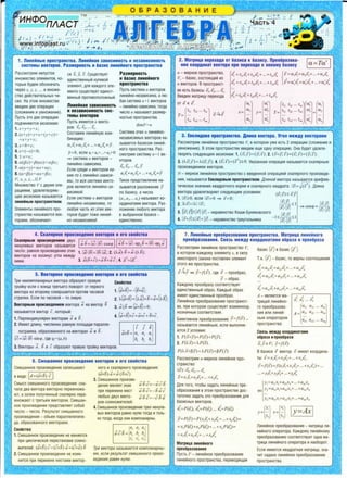 06PA30BAH~E
-
l"l - .L
f fc)
.f. r)1 ) - Ir "7? ;;::. - ,- i I .·- tl (
-www:infoplast.ru Cf f l ) f P1--f-· ')!
f.ff x) - 1.f • ::..Q.' - - ./ ,, ~ L~ -
-
1. n1rtHeMHble npOCTpaHCTBa. n1rtHeMHaS1 33BHCHMOCTb H He33BMCMMOCTb
CHCTeMbl BeKTOPOB. P33MepHOCTb H 6a3HC nHHeMHoro npocTp3HCTB3
PaccMorp111M Henycroe CR x, y, z. CyL1.1ecrsyer Pa3MepHOCTb
MHO)!{BCTBO 3JleMeHTOB, KO- BAlllHCTBBHHblC1 HynesoC1 M 6a3HC nHHeMHOro
TOPble 6YABM 0603HaYaTb 3JleMeHT, AJlR Ka)!{AOfO 3Jle- npoc1paHCTBa
Yepe3 x. y, z, ... 111 MHO)!{e- MeHTa CYLl.leCTByer eAll1HCT- nycrb Cll1CTeMa n BeKTOpOB
CTBO ABC1CTBll1TBJlbHblX'-1111- BeHHblC1 npor111sono.no)!{HblC1. J1111HeC1HO-He3aBll1Cll1Ma, aJllO-
cen. Ha 3TOM MHO)!{eCTBe 6aR Cll1CTeMa n+l B8KTOPOB
BBeAeM ABe onepal111111 n1rtHeMH3SI 33BHCHMOCTb - J1111HeC1H0-3aBll1Cll1Ma, TOrAa
(CJ10)!{eH111e 111 YMH0)!{8H1118). "' He33BMCHMOCTb CMC- Yll1CJ10 /1 Ha3blBalOTpa3M8p-
nycTb 3Tlll AB8 On8palllllll TeMbl BeKTOPOB HOCTblO npocrpaHCTBa.
nOAYlllHRIOTCR aKCll10MaM:
1.x+y=y+,Y;
2. (x+y)+z=x+(y+z)=
=x+y+z;
3. x+O=x;
4.x+(-x)=O;
5. l ·x=x;
6. a((3x)=f3(ax)=af3x;
7. a(x+;1)=ax+ay;
8.(a+(3)x=ax+(3x;
V; ;c, y, z, ...E V
MH0)!{8CTBO vc ABYMR one-
pal111RM111, YAOB11ersopR10-
L1.1e8 aKCll10MaM Ha3blBaeTCR
JlMHeMHblM npocrpaHCTBOM.
3neMeHTbl 11111HeC1Horo npo-
crpaHcrsa Ha3b10aiorcR 0eK-
ropaM111, o6o3HaYalOT-
nycTb 111M88TCR /1 B8KTO-
.... .... ....
poB: X1, X2, •.. Xn.
Cocra0111M 11111HeC1Hyio KOM-
6111HaL111110:
a.,.Xi +a.2X2+ ... +a.llX,I = y.
y=O, ec.n111 a1=~=...=a,,=O
~ Cll1CTeMa n B8KTOPOB -
J1111HeC1H0-3aBll1Cll1Ma.
Ecn11 cpeAM /1 seKTopos Ka-
K11e-To k fll1Hei1H0-3aBl1Cl1-
Mbl, TO BCH Cl1CTeMa BeKTO-
poB HBnHeTCH fll1Hei1H0-3a-
Bl1CUMOM.
Ecnu cucTeMa n seKTopos
nuHei1HO-He3aBl1CUMa, TO
nJ06aR l.faCTb 113 3Tl1X BeK-
TOPOB 6y,LJeT TO)f(e nuHei1-
HO-He3aBl1Cl1MOi1.
dim V=n
C111cr8Ma 3Tll1X n 11111HeC1Ho-
H83as111c111MblX BBKTOPOB Ha-
3blBaeTCR 6a3111COM J1111H8C1-
HOfO npocrpaHcrsa. Pac-
cMorp111M Cll1CT8MY n+1 88-
KTOPOB.
-+-. 4 4
X1, X2, •.. Xn, y
-+ -+ -+ -+
a1x1+a2 ;s+ ...+anxn=y
TaKoe npeAcras11eH1118 Ha-
....
3blBaeTCR pa3Jl0)!{BHll18 y
no 6a3111cy, a Y111cna
(a1, a2, ... a,,) Ha3blBalOT KO-
opp,111HaTaM111 seKropa. Pa3-
JlO)!{eH111e nio6oro seKropa
BBbl6paHHOM 6a3111ce -
eA111HCTB8HHO.
4. CKan1pHoe npoH3BeAeHMe BeKTopoa H ero caoMcTaa
CKansipHblM npOM3BeAeHMeM p,syx -4 ....
1
....
11
....
1
.... ....
1
....
1
....
1
...
1
_,
H8HyJleBblX BeKTOpOB Ha3blBaeTCR a·b = a . b .COS<p ab = a . 11Pab = b .npba
'111Cfl0, paBHOe npOll13Bep,eHll1IO 3Tl!1X 1. ltil·IDI= l!JI·1£il; 2. ('Aa).b= a·(/.., b);
BBKTOPOB Ha KOCll1HYC yr.na Me)!{Ay .... .... .... ........ ........ ...2 1--12
Hll1Mll1. 3. a(b+c)=a b+a c ; 4. a = a .
5. BeKTOPHOe npOM3BeAeHMe BeKTOpoa M ero CBOMCTB3
Tp111 HeKOMn.naHapHblX BBKTOpa o6pa3ylOT npasyJO
Tpoi1Ky ec11111 c KOHL.la rperbero nosopor or nepsoro
BeKTOpa KO BTOPOMYcosepwaeTCR npOTll1Byacosoc:i
crpe11K111. Ec11111 no Yacosoc:i - ro nesyJO.
CBOMCTBa:
1. (axlJ) =-(bx£:);
2. ;..,(axb')=(A.a)xb=ax(;..,"b);
... ....
BeKTOPHblM npOM3BeAeHMeM BeKropa a Ha BeKTOP b
3. aJib «> (ax~=O;... -Ha3blBaeTCR BeKTOP c' KOTOPblll1:
.... ....
1. nepneHAlllKYllRpeH BeKTOpaM a 111 b.
(-+ "':'tl -+ -+ -+ ~ ~
4. i....a+bjxc=axc+bxc .
2. lt1Meer AJ1111HY, YlllCJleHHO paBHYIO nllOLl.la,D,111 napanne- .... ....
kl J.... ....
axb= ax aY a,
........
norpaMMa, o6pa3osaHHoro Ha seKropax a 111 b.
12l=lal·lbl·sincp,rp,e cp=(a, b) bx by b,
...........
3. BeKTOpbl a ' b 111 c o6pa3ylOT npasylO rpoC1Ky BBKTOPOB.
6. CMewaHHOe npOM3BeAeHMe BeKTOPOB M ero CBOMCTBa
CMewaHHOe npo1113sep,eH111e 3an1-1cb1sa10r
s Bll1Ae: Id = (lixb)·cj.
CMb1c.n CMeweHHoro npo1113se.a,eH111R: cHa-
Yana ,D,Ba BeKropa BeKTOPHO nepeMHO)Ka-
IOT, a 3areM no11yYeHHb1C1 cKanRpHo nepe-
MHO)!{alOT c rpeTbl!1M BeKTOPOM. CMeWaH-
HOe npovi30ep,eH111e npe.a,cras.nRer co6oC1
Yll1CJ10 - Yll1CJ10. Pe3yJlbTaT CMewaHHOfO
npo1113seAeH1t15l - o6beM napa1111e11en111ne-
p,a, o6pa30BaHHOf0 B8KTopaMll1.
CBOMCTBa:
1. CM8WaHHoe npOll13B8,D,8Hll1e He MBHReTC5l
np111 L111KJ1111Y8CKOC1 nepecraHOBKe COMHO-
-> ' -+ -+ '"!") --. -4 -> ~
)!{1!1TeneC1: (axb)·c =(cxb)·a =(cxa)·b
2. CMewaHHoe npo1113sep,eH111e He 1113Me-
Hll1TCR np111 nepeMeHe MecraM111 seKrop-
HOfO Ill CKaJ15lpHoro npOlt13B8A8Hll1R:
-) "":+ -+ .... --:+ -+
(axb)·a = a·( bxc)
3. CMewaHHoe npo1113se-
.a,eH111e MeHReT 3HaK
np111 nepeMeHe Meer
Jll06blX ABYX BBKTO-
poB-COMHQ)!{ll1TeJ18C1:
-+ ~~ -->-+-=->
a·b·c =- a·c·b
-t~-+ ->-> -+
a·b·c=-c·b·a
4. CM8WaHHoe npo1113se.a,eH1118 rpex HeHyne-
BblX BeKTOPOB paBHO HYJllO rorp,a 111 TOJlb-
KO rorp,a, KOfAa OHll1 KOMnJlaHapHbl.
Tpu BeKTOpa Ha3b/Ba/OTCR KOMnnaHapHbl-
Ml1, ecnu pe3ynbTaT CMeWaHHOTO npOl13-
Be;:JeHl1H paseH HynJO.
-
2. MaTpMqa nepeXOA3 OT 6a3MC3 K 633HCY. npeo6p330B3-
HMe KOOPAMH3T BeKTopa npM nepexoi:ie K HOBOMY 6a3HCY la=Ta' I
11 - M8pHoe npocrpaHcrso,
V. - 6a3111C, COCT05lLl.1111C1 1113
11 seKropos. B npocrpaHcr-
->' -) -+ -+
el = !11 el+ t ,2 e2+ ...+t ,nen
-+ -+ -+ -+
x =a1e1+a2e2+ .. . +anen
->' -+ -) -+
e2 = t2,e,+t22€2+ ... +l2nen
I I I I
~ 1-+ t -> , _.
X = a.1e,+a 2€2+••• +CX.11 en
...
6 -+-+ -+se ecTb a3111Cbl e1, e2, ••. e,,.
BB8.QeM Marpll1LY nepexoAa
-I -> -+ -+
e11 = tn, e1 + t112 e2+...+ t1111 e11
-+ -I
OT e K e.
tll !12 ... t,11
T= ..'
l nl [n2 ··· [nn
a 1
a.2
x= y=-+ T .-.'
e~e
CX.n
a'I tll t,2 ... tlll a'I a ,
a.' t21 t22 •· · tin a' a.22
T= 2
-
I
a" t ill ln2 ··· Inn
I
a ,, an
3. EaKnMAOBO npoc1paHc1eo. itnMHa eeKTopa. Yron MeJKAY eeKTopaMM
PaccMOTPlllMJ1111H8C1Hoe npocrpaHCTBO V, BKOTOPOM y)Ke eCTb 2 onepal111111 (CJ10)!(eH111e 111
YMHO)KeH111e). B 3TOM npocrpaHcrse ssep,eMell.le op,Hy onepaL111110. 0Ha 6yp,er y.a,00118-
rsopRTb CJlB,D,YIOL1.1111M aKCll10MaM: 1. (x;y)=(y;x); 2. (x+Y; z)=(x;y)+(y; z);
3. (A.x;y) = A(x; y); 4. (x; x)= (x
2
) 2: 0. YKa3aHHaR onepal111R Ha3b1Ba8TCR CKanRpHblM
npOll13BBABHlt18M B8KTOpOB.
N - MepH08 n111Hei;1Hoe npocrpaHCTBO c BBeAeHHOC1 onepaL1111ei;l CKaJ15lPHOfO npOlll3BBAe-
H111R, Ha3b1Ba8TCR EBKJlMAOBblM npocrpaHCTBOM. /JflUHOM BBKTOpa Ha3blBaeTCR ap111Q>Me-
TV1YeCKOe 3HaYeH111e KBaAparHoro KOPHR 111 cKansipHoro KBaApara: lxl=~(x
2
). A11111Ha
seKropa yp,osnersopRer cneAYIOLl.llllMyc.no0111RM: (x;y) s xY
1. 1112:0, ec.n111 lxl=O => x=O; I-+ ...I
2. 1;..,11=1;..,1.1.x1;
1:i~IY1<1
3. (x;J9<lxl·l.YI-HepaseHcrso Kow111-6yHRKoscKoro Ix·:,
l.t;-YI
~ cos<p =Ix!·I.YI
I.... -+I 1....11-+I -1< ,y <i4. x+y s x + y - HepaseHcrso rpeyro11bH1t1Ka -IXJ·I.YI-
7. nMHeMHble npeo6pa30B3HMSI npocTpaHCTBa. MaTpMQ3 nHHeMHOro
npeo6pa30B3HMSI. CBSl3b MeJKAY KOOPAMH3T3MM 06pa3a M npoo6pa3a
PaccMorp111M 11111HeC1Hoe npocrpaHcrso v, 6a3111c (e) 8 6a3111c (e').
BKOTOPOM Ka)K.QOMY 3neMeHTY X , Bc111.ny
HeKoroporo 3aKoHa nocrasneH 3.neMeHT
3Toro )!{8 npocrpaHcrsa.
.... /... .... Ji-+) -+x-'7y «> y = (x , rAe x - npoo6pa3,
-+
y - o6pa3.
Ka)K,D,OMY npoo6pa3y COOTBeTCTByer
e.a,111HcrseHHb1C1 o6pa3. Ka)K.Qb1C1 06pa3
111Meer eA111HCTBBHHblC1 npoo6pa3.
n111HeC1HOe npeo6pa30BaHll1e npocrpaHCT-
Ba, np111 KOTOPOM CYLl.IBCTByer B3al!1MHOOA-
H03HaYHbl8 COOTB8TCTBll1R.
6111eKT111sHoe npeo6pa3osaH111e Y=f(x) -
Ha3b1Ba8TCR Jlll1HeC1HblM, ec11111 BblnOJ1HR-
IOTC5l 2 YCJ10Bll1R:
1. F(x+y)=F(x) +F(Y);
2. F(A.x) = 'AF(x) .
F(A. x+py) = 'AF(x )+PF(y')
PaccMorp111M n-MepHoe n111HeC1Hoe npo-
crpaHcrso
(-+) ... -+ -+e :e1, e2 , ••• e,,
-+ -) -+ ....
x =x1e1+x2e2+ ... +xne11
AnR roro, YT06b1 3aAaTb 11111HeC1Hb1e npe-
06pa300aH111R B3TOM npocrpaHCTBe AOC-
TaTOYHO 3a.a,aTb 3TO npeo6pa30BaH111e AJlR
6a3111CHblX BBKTOPOB.
I t I
€. =F(€.), ~=F(~) ... e,,=F(e,,)
y= F (x) = F (x,~ +X2 ~ +...+xn e:)=
= x,F~)+x2F(~)+ ...+x,, F(e+,,)=
-I -+' -+'
=x1e1+x2e2+ ... +x11e11
MaTpMl.a nMHeMHoro
npeo6pa3oeaHMR
nycTb F - Jlll1HeC1Hoe npeo6pa30BaH111e
11111Hei;1Horo npocrpaHcrsa, nepesop,siL1.1asi
T.K. (e) - 6a3V1C, TO sepHbl COOTHOWBHll1R
...
A - RBJlReTCR Ma-
TPll1L1eC1 .n111HeC1Ho-
ro npeo6pa3osa-
H111R 11111111 J1111H8C1-
HblM oneparopoM
npocrpaHcrsa.
/ '
a11 a,2 ... a,11
A = a 21 a 22 ··· a211
CBR3b Me>K~Y KOOPAMH3T3MM
06pa3a Mnpoo6pa3a
x,y E V; y-f(X)
B 6a3111Ce eBeKTOp x1!1M88T KOOPA111Ha-
-+ -+ -4 -)
Tbl x =x1e1+x2e2 + ... +x11
e11 .
.Y-f(x)= f(x,e1+x2e2+...+xne,,) = ...
Y1 = a 11X1+a 12X2+···+a 1nx ,,
(*) Y2 = a 21X1+a 22X2+ ··· +a2"x"
n111HeC1HOe npeo6pa30BaH111e - MaTplllla Jlll1-
HeC1HOfO oneparopa. Ka)!{AOMY 11111HeC1HOMY
npeo6pa30BaHll1IO COOTBeTCTByer O,D,Ha Ma-
TPlllLa 11111HeC1Horo on8paropa 111 Hao6opor.
Ec11111 111MeercR Ksa.a,parHaR Marp111L1a, 3Ha-
Yll1T 3ap,aHo 11111HeC1Ho8 npeo6pa300aH111e
npocrpaHcrsa.
 
