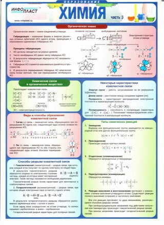 ~aCT:b 3
www.infoplast. ru
OpraHl/l4eCK3s:! XlllMl/ls:I - XlllMl/ls:I COeAlllHeHlllVi yrnepoAa. OCHOBHOe COCTOs:IHllle
......--p.......,,
rM6p"1A"13a4Mff - 1113MeHeH111e cpopMbl Ill 3Hepr111111 pa3nlll4-
HblX aTOMHblX op6111raneVi (AO) OAHOro aTOMa, nplllBOAs:IUee K
06pa3osaH111t0 OA11tHaKOBb1x (r1116p11tAHb1x) AO.
CTI
S:' l l
il
3neKTPOHH3s:! crpyKrypa
aroMa yrnepoAa
npMH4Mnbl rM6PMA"13a4MM:
1. AO AOn>KHbl HaxOAlllTbCs:i Ha pa3HbJX yposHs:ix.
2. Y111cno Her1116p11tAHbJX AO pasHo 4111cny r1116p111AHb1x AO.
3. B pe3ynbrare r1116p11tA11t3a4111111 06pa3y10rcs:1 AO Henpas111nb-
HOVi cpopMbl (<><) ).
4. r1116p11tAHb1e AO crpeMs:ircs:i MaKc111ManbHO pa30Vir111cb s npo-
crpaHcrse.
5. B pe3ynbrare nepeKpb1BaH111s:1 r1116p11tAHblX AO x111M1114eCKas:i
css:i3b 6onee npo4Has:i, 4eM np111 nepeKpb1saH111111 Her1116p11tAHblX
AO.
npeo6naAaeT KOBaneHTHas:! CBs:l3b.
:;;c-CE
:::c=C::::
-C=C-
-0-H ~C-0- ~C- N ­
~ C-H :::c=o ~c-r
:::c-s-
no11s:tpHasi
(30=03) (30>03)
AOHOPHO-aK4enTOpHaS'I
(KOOPAHHa4HOHHas:t)
30 - 3neKrpoorp1114arenbHOCTb.
BMAbl M cnoco6b1 06pa3oeaHM.s:1
KOBaneHTHOM CB.s:l3M
1. CMrMa (o) CBs:l3b - x111M1114ecKas:i css:i3b, o6pa3yt0u.ias:1cs:1 np111 ne-
peKpb1BaH111111 AO BAOnb OClll, COeAlllHs:llOUeVi s=1AP3 aTOMOB (ocesoe ne-
peKpb183Hllle AO).
H a
•
s-AO
p-AO
c 0 r
o c b n e p e K p bl s a H 111 s:1
2. nM (n) CBs:l3b - XlllMlll4eCK3s:I CBs:l3b, o6pa3ytO-
Uas:ICs:! np111 nepeKpb1BaH111111 AO no o6e cropOHbl oc111,
C08AlllHs:llOU8H s=1AP3 aTOMOB (60KOB08 nepeKpbl83-
Hlll8 AO).
Cnoco6bl pa3pb1Ba KOeaneHTHOM CB.s:13M
p-p
1. roMOflUTU'leCKUH (Cl-1MM8Tp1114Hb1Ji1) - pa3pb1B CBs:!3111, nplll KOTO-
pOM Ka>KAblVi 3TOM nony4aer no OAHOMY 3n8KTPOHY 1113 o6u.ieVi napbl.
B pe3ynbrare roM011111r111YecKoro pa3pb1sa :
o6pa3yt0rcs:1 CXOAHble no 3neKrpoHHOMY crpoeH111t0 A·:·B-7 A· + ·BI
43CTlll4bl, K3>KA3s:1 l-13 KOTOpblX lllMeeT HecnapeHHblH pap,lllKaJlbl
3neKTpoH. TaK111e 4acr1114b1 Ha3b1sa10rcs:1 cso6oAHblMM paAMKanaMM.
r OMOnlllTlll48CKlllVi pa3pb1B 6onee xapaKrepeH Ans:! Henons:ipHblX Ill
cna6onons:ipHbJX css:13ei/t.
2. reTeponUTU'leCKUH (aCClllMMeTp1114Hb1Vi) - pa3pblB CBs:!3111, nplll
KOTOpOM o6u.ias:i 3neKTpOHHas:1 napa OCTaercs:i y OAHOrO aTOMa.
I I
I + - I - +
A:··B-7A+:B 11111111 A··:B-7 A:+BI I
"10Hbl
B pe3y11brare rerepon111r1114ecKoro pa3pb1sa o6pa3yt0rcs:1 pa3HO-
lllM8HHO 33ps:!>K8HHbl8 lllOHbl - K8TJ.10H Ill 8Hl10H.
Ecn111 33Ps=1A lllOHa COCP8AOT048H Ha aTOMe yrnepOA3, TO K3TlllOH
H33bl83IOT Kap6K8Tl10HOM, a 3HlllOH - Kap6aHMOHOM.
r erepon111r 1114ecK111i71 pa3pb1B xapaKrepeH Ans:i nons:ipHbJX css:i3ei71.
·--r;
0+00+8+cP
J,
4<>0
r1116p111AHb1e
HeK0Topb1e xapaKTepMCTMKM
-KOBaneHTHOM CB.s:13M
3HepruR CBR3U - pa6ora, 3arpa4111saeMas:1 Ha ee pa3pyweH111e
[KA>K/MOnb].
,llnuHa CBR3U - paCCTOs:IHllle Me>KAY COCeAHlllMlll s:!ApaMlll [HM].
nonRpHOCTb - xapaKrep1113yer pacnpeAeneH111e 3neKrpoHHOVi
nnorHocr111 s Hepear111py10u.ieVi MoneKYne.
o+ o-
3( -7 (I (30<30)
nonRpu3yeMOCTb - cnoco6Hocrb K nons:ip1113a4111111 (xapaKrepHa
Ans:! :::C=C :::: 111 -C=C- ). noKa3blBaer nepepacnpeAeneH111e 3neK-
- -TpOHHOlll nnOTHOCTlll B pear111pyt0u.ie111 MOneKyne.
TMnbl XMMMl.feCKMX peaK4MM
1. 3aMel14eHMe
BOAOPOA 111n111 cpyHK41110HanbHas:1 rpynna 3aMeu.iaercs:i Ha HeBOAO-
POAHbJVi aroM 111n111 APYryt0 cpyHK41110HanbHYt0 rpynny.
I 0 I
:;;c-;-H + r-r ~ :::c-;- r + Hr
2. npMCOeAMHeHMe
npolllCXOAlllT pa3pb18 Kp3THblX CBs:l38H.
:::c;rc:: + x-v ~ :::c- c::
I I
x y
3. 0TU4enneHMe (3flMMMHMposaHMe)
06pa3ytOTCs:I HenpeAenbHble yrneBOAOPOAbl.
I : I
-C-;-H to c
I : K> II + H2
-C+H c
I : I 
4. neperpynnMpOBKa(M30Mep1113a4Mff)
06pa3ytOTCs:! 11130M8pbl.
I I I I
-C -C-C -C- K>
I I I I
I I I
-c-c-c-
1
-c-l
5. PeaK4MM OKMcneHMff M BOCCTaHoeneHMs:I nporeKalOT c 1113MeHe-
HllleM creneH111 OK111cneH111s:1 yrnepOAHOro aroMa. Cyu.iecrsy10r peaK4111111
nonHoro OK111cneH111s:1 (cropaH111s:1) 111 4acr1114Horo oK111c11eH111s:i.
Bee 3Tlll peaK4111111 npor eKatOT no ABYM MexaHlll3MaM, pa3n1114at0-
UlllMcs:1 cnoco6oM pa3pb1sa css:i3eVi.
np111 cso6op,Hopap,uKanbHOM MexaHlll3Me noA AeVicrs111eM 1113ny4e-
- -Hiiis:! 111n111 T8Mneparypbl npOlllCXOAlllT rOMOnlllTlll4eCKllllll pa3pbl8 CBs:!38111.
np111 UOHHOM MeX3H1113Me npOlllCXOAlllT rereponlllTlll4eCKlllVi pa3pb1B
CBs:l3eVi.
 