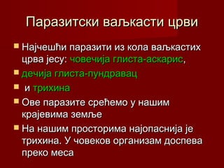 Паразитски ваљкасти црвиПаразитски ваљкасти црви
 Најчешћи паразити из кола ваљкастихНајчешћи паразити из кола ваљкастих
црва јесу:црва јесу: човечија глиста-аскарисчовечија глиста-аскарис,,
 дечија глиста-пундравацдечија глиста-пундравац
 ии трихинатрихина
 Ове паразите срећемо у нашимОве паразите срећемо у нашим
крајевима земљекрајевима земље
 На нашим просторима најопаснија јеНа нашим просторима најопаснија је
трихина. У човеков организам доспеватрихина. У човеков организам доспева
преко месапреко меса
 