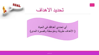 ‫االهداف‬ ‫تحديد‬
‫الحياة‬ ‫في‬ ‫أهدافك‬ ‫تحددي‬ ‫أي‬
(‫المدى‬ ‫وقصيرة‬ ‫ومتوسطة‬ ‫طويلة‬ ‫األهداف‬)
‫الصفواني‬ ‫اماني‬
 