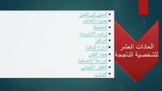 ‫العشر‬ ‫العادات‬
‫الناج‬ ‫للشخصية‬‫حة‬
•‫التميز‬ ‫إلى‬ ‫السعي‬
•‫األهداف‬ ‫تحديد‬
•‫التخطيط‬
•‫األولويات‬ ‫ترتيب‬
•‫التركيز‬
•‫الوقت‬ ‫إدارة‬
•‫النفس‬ ‫جهاد‬
•‫االتصالية‬ ‫البراعة‬
•‫اإليجابي‬ ‫التفكير‬
•‫التوازن‬
 