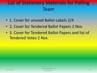 List of Stationery Materials for Polling
Team
• 1. Cover for unused Ballot Labels 2/4
• 2. Cover for Tendered Ballot Papers 2 Nos.
• 3. Cover for Tendered Ballot Papers and list of
Tendered Votes 2 Nos.
10/18/2015 103
RADHAKRISHNAN PG
9447897281
 