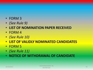 • FORM 3
• (See Rule 9)
• LIST OF NOMINATION PAPER RECEIVED
• FORM 4
• (See Rule 10)
• LIST OF VALIDLY NOMINATED CANDIDATES
• FORM 5
• (See Rule 11)
• NOTICE OF WITHDRAWAL OF CANDIDATE
10/18/2015 63
RADHAKRISHNAN PG
9447897281
 