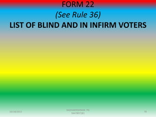 FORM 22
(See Rule 36)
LIST OF BLIND AND IN INFIRM VOTERS
10/18/2015 78
RADHAKRISHNAN PG
9447897281
 