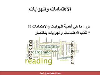 ‫والهوايات‬ ‫االهتمامات‬
‫س‬:‫؟؟‬ ‫واالهتمامات‬ ‫الهوايات‬ ‫أهمية‬ ‫هي‬ ‫ما‬
*‫باختصار‬ ‫والهوايات‬ ‫االهتمامات‬ ‫تكتب‬
‫العمل‬ ‫سوق‬ ‫دخول‬ ‫مهارات‬
 