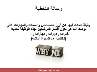 ‫التغطية‬ ‫رسالة‬
‫الت‬ ‫والمهارات‬ ‫والسمات‬ ‫الخصائص‬ ‫أبرز‬ ‫عن‬ ‫فيها‬ ‫تتحدث‬ ‫وثيقة‬‫ي‬
‫تحديدا‬ ‫الوظيفة‬ ‫لهذه‬ ‫المرشحين‬ ‫أفضل‬ ‫تكون‬ ‫كي‬ ‫أنت‬ ‫تؤهلك‬
‫خبرات‬,‫دورات‬,‫مهارات‬,...
(‫الذاتية‬ ‫السيرة‬ ‫عن‬ ‫تختلف‬)
‫العمل‬ ‫سوق‬ ‫دخول‬ ‫مهارات‬
 