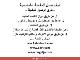 ‫الشخصية‬ ‫للمقابلة‬ ‫تصل‬ ‫كيف‬
-‫للمقابلة‬ ‫الوصول‬ ‫طرق‬-
1.‫المدنية‬ ‫الخدمة‬ ‫ديوان‬ ‫طريق‬ ‫عن‬
2.‫مثل‬ ‫الصحف‬ ‫طريق‬ ‫عن‬:‫الوسيط‬,‫الرأي‬,..
3.‫العالقات‬ ‫طريق‬ ‫عن‬:
‫فعالية‬ ‫واألكثر‬ ‫األفضل‬ ‫الطريقة‬ ‫وهي‬(‫الواسطة‬ ‫وليس‬)
4.‫مثل‬ ‫التوظيف‬ ‫مكاتب‬ ‫أو‬ ‫االنترنت‬ ‫مواقع‬ ‫طريق‬ ‫عن‬:
‫الهدف‬,‫النخبة‬,...
ww.Akhtaboot.com
www.Bayt.com
www.targetjo.com
‫العمل‬ ‫سوق‬ ‫دخول‬ ‫مهارات‬
 