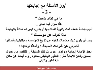 ‫إجاباتها‬ ‫مع‬ ‫األسئلة‬ ‫أبرز‬
-2-
‫؟‬ ‫ضعفك‬ ‫نقاط‬ ‫هي‬ ‫ما‬
‫تحايل‬ ‫فيه‬ ‫سؤال‬ ‫هذا‬..
‫ب‬ ‫عالقة‬ ‫له‬ ‫ليس‬ ‫بشيء‬ ‫أو‬ ‫بها‬ ‫نفسك‬ ‫بتقوية‬ ‫قمت‬ ‫ضعف‬ ‫بنقطة‬ ‫أجب‬‫الوظيفة‬
‫؟‬ ‫مؤسستنا‬ ‫عن‬ ‫تعرف‬ ‫ماذا‬
‫و‬ ‫وهيكليتها‬ ‫المؤسسة‬ ‫تاريخ‬ ‫عن‬ ‫كافية‬ ‫معلومات‬ ‫لديك‬ ‫يكون‬ ‫أن‬ ‫يجب‬‫أهدافها‬
‫؟‬ ‫تركتها‬ ‫ولماذا‬ ‫؟‬ ‫السابقة‬ ‫شركتك‬ ‫عن‬ ‫أخبرني‬
‫من‬ ‫تنتقص‬ ‫أو‬ ‫السابقة‬ ‫شركتك‬ ‫عيوب‬ ‫تذكر‬ ‫وال‬ ‫إيجابية‬ ‫اإلجابة‬ ‫اجعل‬‫مديرك‬
‫مثل‬ ‫اإلجابة‬ ‫ولتكن‬ ‫السابق‬:‫محدود‬ ‫الوظيفي‬ ‫التطور‬,‫م‬ ‫عن‬ ‫أبحث‬ ‫وأنا‬‫كان‬
‫وظيفي‬ ‫تطور‬ ‫فيه‬
‫العمل‬ ‫سوق‬ ‫دخول‬ ‫مهارات‬
 