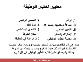 ‫الوظيفة‬ ‫اختيار‬ ‫معايير‬
1.‫الراتب‬.
3.‫ومستواها‬ ‫ومكانتها‬ ‫الشركة‬.
5.‫الصحي‬ ‫التأمين‬.
7.‫والعطل‬ ‫اإلجازات‬.
9.‫الوظيفي‬ ‫التطور‬ ‫إمكانية‬.
2.‫الوظيفي‬ ‫المسمى‬.
4.‫العقد‬ ‫مدة‬.
6.‫االجتماعي‬ ‫الضمان‬.
8.‫الشركة‬ ‫مكان‬.
10.‫الوظيفة‬ ‫في‬ ‫الرغبة‬
‫بحسب‬ ‫وتتغير‬ ‫أولوياته‬ ‫بحسب‬ ‫شخص‬ ‫كل‬ ‫يرتبها‬ ‫النقاط‬ ‫أن‬ ‫إلى‬ ‫يشار‬
‫الشركة‬ ‫عن‬ ‫يبحث‬ ‫أن‬ ‫يجب‬ ‫التخرج‬ ‫حديث‬ ‫فمثال‬ ‫والخبرة‬ ‫الكفاءة‬
‫شيء‬ ‫كل‬ ‫قبل‬ ‫الوظيفي‬ ‫التطور‬ ‫وإمكانية‬ ‫ومستواها‬ ‫ومكانتها‬
‫العمل‬ ‫سوق‬ ‫دخول‬ ‫مهارات‬
 