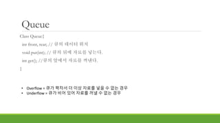 Queue
Class Queue{
int front, rear; // 큐의 데이터 위치
void put(int); // 큐의 뒤에 자료를 넣는다.
int get(); //큐의 앞에서 자료를 꺼낸다.
}
• Overflow = 큐가 꽉차서 더 이상 자료를 넣을 수 없는 경우
• Underflow = 큐가 비어 있어 자료를 꺼낼 수 없는 경우
 