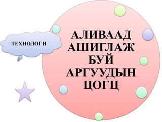 АЛИВААД
АШИГЛАЖ
БУЙ
АРГУУДЫН
ЦОГЦ
ТЕХНОЛОГИ
 