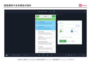 画面遷移や全体構造の検討
画面内に配置したHotSpotに遷移先画面をリンクして画面遷移をシミュレートできます
 