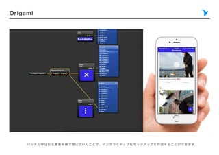 Origami
パッチと呼ばれる要素を線で繋いでいくことで、インタラクティブなモックアップを作成することができます
 