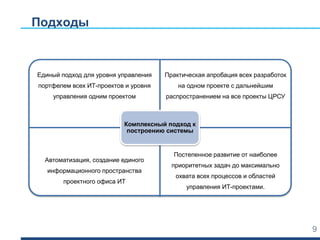 Подходы
9
Внедрение СЭД в 2014-2016гг.
Единый подход для уровня управления
портфелем всех ИТ-проектов и уровня
управления одним проектом
Практическая апробация всех разработок
на одном проекте с дальнейшим
распространением на все проекты ЦРСУ
Автоматизация, создание единого
информационного пространства
проектного офиса ИТ
Постепенное развитие от наиболее
приоритетных задач до максимально
охвата всех процессов и областей
управления ИТ-проектами.
Комплексный подход к
построению системы
 