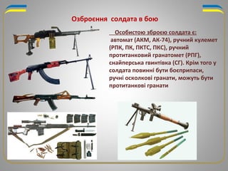 Озброєння солдата в бою
Особистою зброєю солдата є:
автомат (АКМ, АК-74), ручний кулемет
(РПК, ПК, ПКТС, ПКС), ручний
протитанковий гранатомет (РПГ),
снайперська гвинтівка (СГ). Крім того у
солдата повинні бути боєприпаси,
ручні осколкові гранати, можуть бути
протитанкові гранати
 