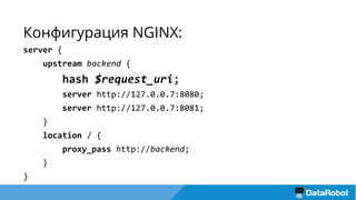 Конфигурация NGINX:
server {
upstream backend {
hash $request_uri;
server http://127.0.0.7:8080;
server http://127.0.0.7:8081;
}
location / {
proxy_pass http://backend;
}
}
 
