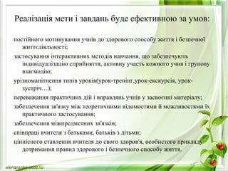 Реалізація мети і завдань буде ефективною за умов:
постійного мотивування учнів до здорового способу життя і безпечної
життєдіяльності;
застосування інтерактивних методів навчання, що забезпечують
індивідуалізацію сприйняття, активну участь кожного учня і групову
взаємодію;
урізноманітнення типів уроків(урок-тренінг,урок-екскурсія, урок-
зустріч…);
переважання практичних дій і вправлянь учнів у засвоєнні матеріалу;
забезпечення зв'язку між теоретичними відомостями й можливостями їх
практичного застосування;
забезпечення міжпредметних зв'язків;
співпраці вчителя з батьками, батьків з дітьми;
ціннісного ставлення вчителя до свого здоров'я, особистого прикладу
дотримання правил здорового і безпечного способу життя.
 
