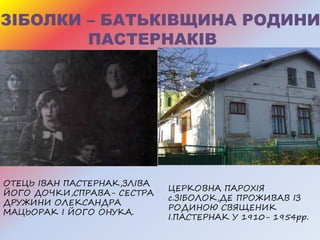 ЗІБОЛКИ – БАТЬКІВЩИНА РОДИНИ
ПАСТЕРНАКІВ
ОТЕЦЬ ІВАН ПАСТЕРНАК,ЗЛІВА
ЙОГО ДОЧКИ,СПРАВА- СЕСТРА
ДРУЖИНИ ОЛЕКСАНДРА
МАЦЬОРАК І ЙОГО ОНУКА.
ЦЕРКОВНА ПАРОХІЯ
с.ЗІБОЛОК,ДЕ ПРОЖИВАВ ІЗ
РОДИНОЮ СВЯЩЕНИК
І.ПАСТЕРНАК У 1910- 1954рр.
 