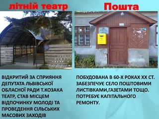 літній театр Пошта
ПОБУДОВАНА В 60-Х РОКАХ XX СТ.
ЗАБЕЗПЕЧУЄ СЕЛО ПОШТОВИМИ
ЛИСТІВКАМИ,ГАЗЕТАМИ ТОЩО.
ПОТРЕБУЄ КАПІТАЛЬНОГО
РЕМОНТУ.
ВІДКРИТИЙ ЗА СПРИЯННЯ
ДЕПУТАТА ЛЬВІВСЬКОЇ
ОБЛАСНОЇ РАДИ Т.КОЗАКА
ТЕАТР, СТАВ МІСЦЕМ
ВІДПОЧИНКУ МОЛОДІ ТА
ПРОВЕДЕННЯ СІЛЬСЬКИХ
МАСОВИХ ЗАХОДІВ
 
