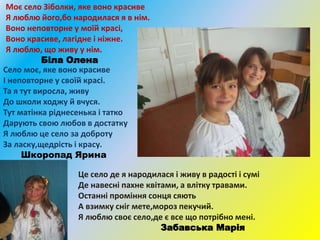 Моє село Зіболки, яке воно красиве
Я люблю його,бо народилася я в нім.
Воно неповторне у моїй красі,
Воно красиве, лагідне і ніжне.
Я люблю, що живу у нім.
Біла Олена
Село моє, яке воно красиве
І неповторне у своїй красі.
Та я тут виросла, живу
До школи ходжу й вчуся.
Тут матінка ріднесенька і татко
Дарують свою любов в достатку
Я люблю це село за доброту
За ласку,щедрість і красу.
Шкоропад Ярина
Це село де я народилася і живу в радості і сумі
Де навесні пахне квітами, а влітку травами.
Останні проміння сонця сяють
А взимку сніг мете,мороз пекучий.
Я люблю своє село,де є все що потрібно мені.
Забавська Марія
 