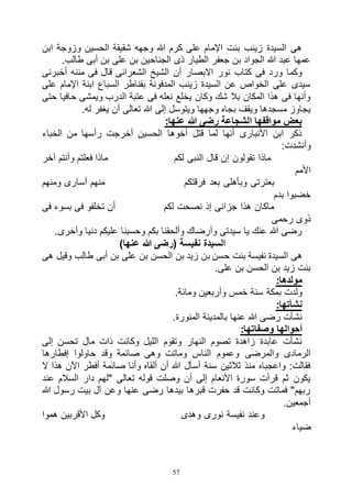 57
‫ابن‬ ‫وزوجة‬ ‫الحسين‬ ‫شقيقة‬ ‫وجهه‬ ‫هللا‬ ‫كرم‬ ‫على‬ ‫اإلمام‬ ‫بنت‬ ‫زينب‬ ‫السيدة‬ ‫هى‬
‫الجناح‬ ‫ذى‬ ‫الطيار‬ ‫جعفر‬ ‫بن‬ ‫الجواد‬ ‫هللا‬ ‫عبد‬ ‫عمها‬.‫طالب‬ ‫أبى‬ ‫بن‬ ‫على‬ ‫بن‬ ‫ين‬
‫أخبرنى‬ ‫مننه‬ ‫فى‬ ‫قال‬ ‫الشعرانى‬ ‫الشيخ‬ ‫أن‬ ‫االبصار‬ ‫نور‬ ‫كتاب‬ ‫فى‬ ‫ورد‬ ‫وكما‬
‫على‬ ‫اإلمام‬ ‫ابنة‬ ‫السباع‬ ‫بقناطر‬ ‫المدفونة‬ ‫زينب‬ ‫السيدة‬ ‫عن‬ ‫الخواص‬ ‫على‬ ‫سيدى‬
‫حتى‬ ‫حافيا‬ ‫ويمشى‬ ‫الدرب‬ ‫عتبة‬ ‫فى‬ ‫نعله‬ ‫يخلع‬ ‫وكان‬ ‫شك‬ ‫بال‬ ‫المكان‬ ‫هذا‬ ‫فى‬ ‫وأنها‬
‫وج‬ ‫بجاه‬ ‫ويقف‬ ‫مسجدها‬ ‫يجاوز‬.‫له‬ ‫يغفر‬ ‫أن‬ ‫تعالى‬ ‫هللا‬ ‫إلى‬ ‫ويتوسل‬ ‫هها‬
:‫عنها‬ ‫هللا‬ ‫رضى‬ ‫الشجاعة‬ ‫مواقفها‬ ‫بعض‬
‫الخباء‬ ‫من‬ ‫رأسها‬ ‫أخرجت‬ ‫الحسين‬ ‫أخوها‬ ‫قتل‬ ‫لما‬ ‫أنها‬ ‫األنبارى‬ ‫ابن‬ ‫ذكر‬
:‫وأنشدت‬
‫آخر‬ ‫وأنتم‬ ‫فعلتم‬ ‫ماذا‬ ‫لكم‬ ‫النبى‬ ‫قال‬ ‫إن‬ ‫تقولون‬ ‫ماذا‬
‫األمم‬
‫بعد‬ ‫وبأهلى‬ ‫بعترتى‬‫ومنهم‬ ‫أسارى‬ ‫منهم‬ ‫فرقتكم‬
‫بدم‬ ‫خضبوا‬
‫فى‬ ‫بسوء‬ ‫فى‬ ‫تخلفو‬ ‫أن‬ ‫لكم‬ ‫نصحت‬ ‫إذ‬ ‫جزائى‬ ‫هذا‬ ‫ماكان‬
‫رحمى‬ ‫ذوى‬
.‫وأخرى‬ ‫دنيا‬ ‫عليكم‬ ‫وحسبنا‬ ‫بكم‬ ‫وألحقنا‬ ‫وأرضاك‬ ‫سيدتى‬ ‫يا‬ ‫عنك‬ ‫هللا‬ ‫رضى‬
)‫عنها‬ ‫هللا‬ ‫(رضى‬ ‫نفيسة‬ ‫السيدة‬
‫ب‬ ‫حسن‬ ‫بنت‬ ‫نفيسة‬ ‫السيدة‬ ‫هى‬‫هى‬ ‫وقيل‬ ‫طالب‬ ‫أبى‬ ‫بن‬ ‫على‬ ‫بن‬ ‫الحسن‬ ‫بن‬ ‫زيد‬ ‫ن‬
.‫على‬ ‫بن‬ ‫الحسن‬ ‫بن‬ ‫زيد‬ ‫بنت‬
:‫مولدها‬
.‫ومائة‬ ‫وأربعين‬ ‫خمس‬ ‫سنة‬ ‫بمكة‬ ‫ولدت‬
:‫نشأتها‬
.‫المنورة‬ ‫بالمدينة‬ ‫عنها‬ ‫هللا‬ ‫رضى‬ ‫نشأت‬
:‫وصفاتها‬ ‫أحوالها‬
‫إلى‬ ‫تحسن‬ ‫مال‬ ‫ذات‬ ‫وكانت‬ ‫الليل‬ ‫وتقوم‬ ‫النهار‬ ‫تصوم‬ ‫زاهدة‬ ‫عابدة‬ ‫نشأت‬
‫والمرضى‬ ‫الرمادى‬‫إفطارها‬ ‫حاولوا‬ ‫وقد‬ ‫صائمة‬ ‫وهى‬ ‫وماتت‬ ‫الناس‬ ‫وعموم‬
‫ال‬ ‫هذا‬ ‫اآلن‬ ‫أفطر‬ ‫صائمة‬ ‫وأنا‬ ‫ألقاه‬ ‫أن‬ ‫هللا‬ ‫أسأل‬ ‫سنة‬ ‫ثالثين‬ ‫منذ‬ ‫واعجباه‬ :‫فقالت‬
‫عند‬ ‫السالم‬ ‫دار‬ ‫"لهم‬ ‫تعالى‬ ‫قوله‬ ‫وصلت‬ ‫أن‬ ‫إلى‬ ‫األنعام‬ ‫سورة‬ ‫قرأت‬ ‫ثم‬ ‫يكون‬
‫رسول‬ ‫بيت‬ ‫آل‬ ‫وعن‬ ‫عنها‬ ‫رضى‬ ‫بيدها‬ ‫قبرها‬ ‫حفرت‬ ‫قد‬ ‫وكانت‬ ‫فماتت‬ "‫ربهم‬‫هللا‬
.‫أجمعين‬
‫هموا‬ ‫األقربين‬ ‫وكل‬ ‫وهدى‬ ‫نورى‬ ‫نفيسة‬ ‫وعند‬
‫ضياء‬
 