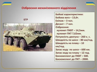 Озброєння механізованого відділення
Бойові характеристики:
Бойова вага – 13,6т.
Екіпаж – 3 чол.
Десант – 7 чол.
Озброєння:
кулемет ПКВТ – 14,5мм.
кулемет ПКТ 7,62мм.
Потужність двигуна – 260 к. с.
Швидкість по шосе – 80 км/год.
Швидкість на плаву – 10
км/год.
Запас ходу по шосе – 600 км.
Запас ходу на плаву – 12 год.
Боєкомплект до ПКВТ – 500.
Боєкомплект до ПКТ – 2000.
БТР
 