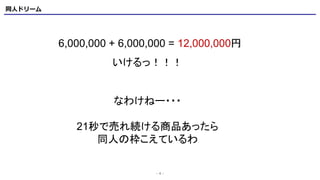 同人ドリーム
- 4 -
6,000,000 + 6,000,000 = 12,000,000円
いけるっ！！！
なわけねー・・・
21秒で売れ続ける商品あったら
同人の枠こえているわ
 