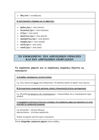  ἔθος ἐστὶ (= συνηθίζεται)
δ) από (τροπικό) επίρρημα και το ρήμα ἔχει:
 ῥᾳδίως ἔχει (= είναι εύκολο)
 ἀναγκαίως ἔχει (= είναι αναγκαίο)
 εὖ ἔχει (= είναι καλό)
 ἀρκούντως ἔχει (= είναι αρκετό)
 προσηκόντως ἔχει (= είναι πρέπον)
 αἰσχρῶς ἔχει (= είναι ντροπή)
 καλῶς ἔχει (= είναι καλό)
 κακῶς ἔχει (= είναι κακό)
ΤΟ ΥΠΟΚΕΙΜΕΝΟ ΤΩΝ ΑΠΡΟΣΩΠΩΝ ΡΗΜΑΤΩΝ
ΚΑΙ ΤΩΝ ΑΠΡΟΣΩΠΩΝ ΕΚΦΡΑΣΕΩΝ
Τα απρόσωπα ρήματα και οι απρόσωπες εκφράσεις δέχονται ως
υποκείμενο:
α) άναρθρο απαρέμφατο, τελικό ή ειδικό:
π.χ. Τοὺς νόμους δεῖ τηρεῖν τοὺς δικάζοντας(= Oι δικαστές πρέπει να τηρούν τους νόμους)
β) δευτερεύουσα ονοματική πρόταση, ειδική, ενδοιαστική ή πλάγια ερωτηματική:
π.χ. Ἠγγέλθη ὅτι ἡττημένοι εἶεν Λακεδαιμόνιοι (= Aνακοινώθηκε ότι οι Λακεδαιμόνιοι είχαν
ηττηθεί)
γ) αφηρημένη σύστοιχη έννοια που ενυπάρχει στο απρόσωπο ρήμα και προκύπτει αν αυτό
αναλυθεί σε απρόσωπη έκφραση:
π.χ. πολεμεῖται = γίγνεται πόλεμος
παρεσκεύασται = γεγένηται παρασκευὴ
Τυπικά τα ρήματα αυτά δεν έχουν υποκείμενο
Τέτοια ιδιόρρυθμα απρόσωπα ρήματα είναι συνήθως:
 
