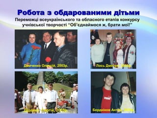 Переможці всеукраїнського та обласного етапів конкурсу
учнівської творчості “Об’єднаймося ж, брати мої!”
Демченко Олексій, 2003р. Лось Дмитро, 2005р.
Діденко Сергій, 2008р. Бердніков Антон, 2005р.
 