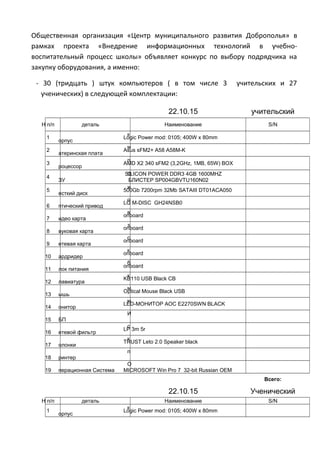 Общественная организация «Центр муниципального развития Доброполья» в
рамках проекта «Внедрение информационных технологий в учебно-
воспитательный процесс школы» объявляет конкурс по выбору подрядчика на
закупку оборудования, а именно:
- 30 (тридцать ) штук компьютеров ( в том числе 3 учительских и 27
ученических) в следующей комплектации:
22.10.15 учительский
Н п/п деталь Наименование S/N
1
к
орпус
Logic Power mod: 0105; 400W x 80mm
2
м
атеринская плата
Asus sFM2+ A58 A58M-K
3
п
роцессор
AMD X2 340 sFM2 (3,2GHz, 1MB, 65W) BOX
4
О
ЗУ
SILICON POWER DDR3 4GB 1600MHZ
БЛИСТЕР SP004GBVTU160N02
5
ж
есткий диск
500Gb 7200rpm 32Mb SATAIII DT01ACA050
6
о
птический привод
LG M-DISC GH24NSB0
7
в
идео карта
onboard
8
з
вуковая карта
onboard
9
с
етевая карта
onboard
10
к
ардридер
onboard
11
б
лок питания
onboard
12
к
лавиатура
KB110 USB Black CB
13
м
ышь
Optical Mouse Black USB
14
м
онитор
LED-МОНИТОР AOC E2270SWN BLACK
15
И
БП
16
с
етевой фильтр
LP 3m 5r
17
к
олонки
TRUST Leto 2.0 Speaker black
18
п
ринтер
19
О
перационная Система MICROSOFT Win Pro 7 32-bit Russian OEM
Всего:
22.10.15 Ученический
Н п/п деталь Наименование S/N
1
к
орпус
Logic Power mod: 0105; 400W x 80mm
 