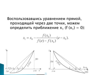 Воспользовавшись уравнением прямой,
проходящей через две точки, можем
определить приближение х1 (f (x1) = 0):
 