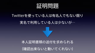証明問題
Twitterを使っている人は有名人でもない限り 
実名で利用している人は少ないが…
本人証明書類の送付を求められる 
（確認出来ないと動いてくれない）
 