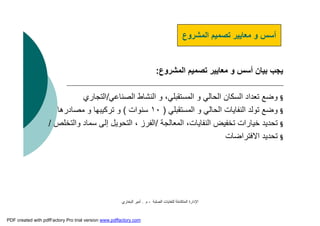 ‫اﻟﺼﻠﺒﺔ‬ ‫ﻟﻠﻨﻔﺎﯾﺎت‬ ‫اﻟﻤﺘﻜﺎﻣﻠﺔ‬ ‫اﻹدارة‬-‫م‬.‫اﻟﺒﺨﺎري‬ ‫أﻣﯿﺮ‬
‫اﻟﻤﺸﺮوع‬ ‫ﺗﺼﻤﯿﻢ‬ ‫ﻣﻌﺎﯾﯿﺮ‬ ‫و‬ ‫أﺳﺲ‬ ‫ﺑﯿﺎن‬ ‫ﯾﺠﺐ‬:
§‫اﻟﺼﻨﺎﻋﻲ‬ ‫اﻟﻨﺸﺎط‬ ‫و‬ ،‫اﻟﻤﺴﺘﻘﺒﻠﻲ‬ ‫و‬ ‫اﻟﺤﺎﻟﻲ‬ ‫اﻟﺴﻜﺎن‬ ‫ﺗﻌﺪاد‬ ‫وﺿﻊ‬/‫اﻟﺘﺠﺎري‬
§‫اﻟﻤﺴﺘﻘﺒﻠﻲ‬ ‫و‬ ‫اﻟﺤﺎﻟﻲ‬ ‫اﻟﻨﻔﺎﯾﺎت‬ ‫ﺗﻮﻟﺪ‬ ‫وﺿﻊ‬)١٠‫ﺳﻨﻮات‬(‫ﻣﺼﺎدرھﺎ‬ ‫و‬ ‫ﺗﺮﻛﯿﺒﮭﺎ‬ ‫و‬
§‫اﻟﻤﻌﺎﻟﺠﺔ‬ ،‫اﻟﻨﻔﺎﯾﺎت‬ ‫ﺗﺨﻔﯿﺾ‬ ‫ﺧﯿﺎرات‬ ‫ﺗﺤﺪﯾﺪ‬/‫اﻟﻔﺮز‬،‫واﻟﺘﺨﻠﺺ‬ ‫ﺳﻤﺎد‬ ‫إﻟﻰ‬ ‫اﻟﺘﺤﻮﯾﻞ‬/
§‫اﻻﻓﺘﺮاﺿﺎت‬ ‫ﺗﺤﺪﯾﺪ‬
‫اﻟﻤﺸﺮوع‬ ‫ﺗﺼﻤﯿﻢ‬ ‫ﻣﻌﺎﯾﯿﺮ‬ ‫و‬ ‫أﺳﺲ‬
PDF created with pdfFactory Pro trial version www.pdffactory.com
 