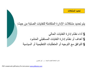 ‫اﻟﺼﻠﺒﺔ‬ ‫ﻟﻠﻨﻔﺎﯾﺎت‬ ‫اﻟﻤﺘﻜﺎﻣﻠﺔ‬ ‫اﻹدارة‬-‫م‬.‫اﻟﺒﺨﺎري‬ ‫أﻣﯿﺮ‬
‫ﯾ‬‫ﺘﻢ‬‫ﺣﯿﺚ‬ ‫ﻣﻦ‬ ‫اﻟﺼﻠﺒﺔ‬ ‫ﻟﻠﻨﻔﺎﯾﺎت‬ ‫اﻟﻤﺘﻜﺎﻣﻠﺔ‬ ‫اﻹدارة‬ ‫ﻣﺸﻜﻼت‬ ‫ﺗﺤﺪﯾﺪ‬:
§‫اﻟﺤﺎﻟﻲ‬ ‫اﻟﻨﻔﺎﯾﺎت‬ ‫إدارة‬ ‫ﻧﻈﺎم‬ ‫أداء‬
§‫اﻟﻤﻨﺸﻮد‬ ‫اﻟﻤﺴﺘﻘﺒﻠﻲ‬ ‫اﻟﻨﻔﺎﯾﺎت‬ ‫إدارة‬ ‫ﻧﻈﺎم‬ ‫أو‬ ‫أھﺪاف‬
§‫اﻟﺴﯿﺎﺳﯿﺔ‬ ‫أو‬ ‫اﻟﺘﻨﻈﯿﻤﯿﺔ‬ ‫اﻟﻤﺘﻄﻠﺒﺎت‬ ‫أو‬ ‫اﻟﺘﻮﺟﯿﮫ‬ ‫ﻣﻊ‬ ‫اﻟﺘﻮاﻓﻖ‬
‫اﻟﻤﺸﻜﻼت‬ ‫ﺗﺤﺪﯾﺪ‬
PDF created with pdfFactory Pro trial version www.pdffactory.com
 