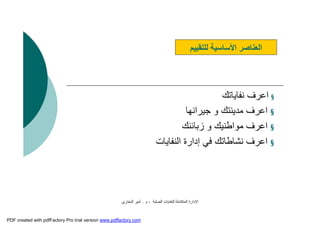 ‫اﻟﺼﻠﺒﺔ‬ ‫ﻟﻠﻨﻔﺎﯾﺎت‬ ‫اﻟﻤﺘﻜﺎﻣﻠﺔ‬ ‫اﻹدارة‬-‫م‬.‫اﻟﺒﺨﺎري‬ ‫أﻣﯿﺮ‬
§‫ﻧﻔﺎﯾﺎﺗﻚ‬ ‫اﻋﺮف‬
§‫ﺟﯿﺮاﻧﮭﺎ‬ ‫و‬ ‫ﻣﺪﯾﻨﺘﻚ‬ ‫اﻋﺮف‬
§‫زﺑﺎﺋﻨﻚ‬ ‫و‬ ‫ﻣﻮاﻃﻨﯿﻚ‬ ‫اﻋﺮف‬
§‫اﻟﻨﻔﺎﯾﺎت‬ ‫إدارة‬ ‫ﻓﻲ‬ ‫ﻧﺸﺎﻃﺎﺗﻚ‬ ‫اﻋﺮف‬
‫ﻟﻠﺘﻘﯿﯿﻢ‬ ‫اﻷﺳﺎﺳﯿﺔ‬ ‫اﻟﻌﻨﺎﺻﺮ‬
PDF created with pdfFactory Pro trial version www.pdffactory.com
 