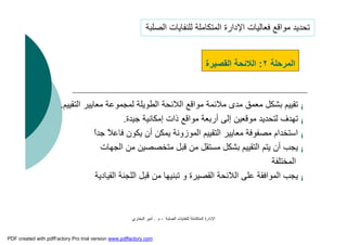 ‫اﻟﺼﻠﺒﺔ‬ ‫ﻟﻠﻨﻔﺎﯾﺎت‬ ‫اﻟﻤﺘﻜﺎﻣﻠﺔ‬ ‫اﻹدارة‬-‫م‬.‫اﻟﺒﺨﺎري‬ ‫أﻣﯿﺮ‬
¡‫ﻣﻌﺎﯾﯿﺮ‬ ‫ﻟﻤﺠﻤﻮﻋﺔ‬ ‫اﻟﻄﻮﯾﻠﺔ‬ ‫اﻟﻼﺋﺤﺔ‬ ‫ﻣﻮاﻗﻊ‬ ‫ﻣﻼﺋﻤﺔ‬ ‫ﻣﺪى‬ ‫ﻣﻌﻤﻖ‬ ‫ﺑﺸﻜﻞ‬ ‫ﺗﻘﯿﯿﻢ‬‫اﻟﺘﻘﯿﯿﻢ‬.
¡‫ﺟﯿﺪة‬ ‫إﻣﻜﺎﻧﯿﺔ‬ ‫ذات‬ ‫ﻣﻮاﻗﻊ‬ ‫أرﺑﻌﺔ‬ ‫إﻟﻰ‬ ‫ﻣﻮﻗﻌﯿﻦ‬ ‫ﻟﺘﺤﺪﯾﺪ‬ ‫ﺗﮭﺪف‬.
¡ً‫ا‬‫ﺟﺪ‬ ً‫ﻼ‬‫ﻓﺎﻋ‬ ‫ﯾﻜﻮن‬ ‫أن‬ ‫ﯾﻤﻜﻦ‬ ‫اﻟﻤﻮزوﻧﺔ‬ ‫اﻟﺘﻘﯿﯿﻢ‬ ‫ﻣﻌﺎﯾﯿﺮ‬ ‫ﻣﺼﻔﻮﻓﺔ‬ ‫اﺳﺘﺨﺪام‬
¡‫اﻟﺠﮭﺎت‬ ‫ﻣﻦ‬ ‫ﻣﺘﺨﺼﺼﯿﻦ‬ ‫ﻗﺒﻞ‬ ‫ﻣﻦ‬ ‫ﻣﺴﺘﻘﻞ‬ ‫ﺑﺸﻜﻞ‬ ‫اﻟﺘﻘﯿﯿﻢ‬ ‫ﯾﺘﻢ‬ ‫أن‬ ‫ﯾﺠﺐ‬
‫اﻟﻤﺨﺘﻠﻔﺔ‬
¡‫اﻟﻘﯿﺎدﯾ‬ ‫اﻟﻠﺠﻨﺔ‬ ‫ﻗﺒﻞ‬ ‫ﻣﻦ‬ ‫ﺗﺒﻨﯿﮭﺎ‬ ‫و‬ ‫اﻟﻘﺼﯿﺮة‬ ‫اﻟﻼﺋﺤﺔ‬ ‫ﻋﻠﻰ‬ ‫اﻟﻤﻮاﻓﻘﺔ‬ ‫ﯾﺠﺐ‬‫ﺔ‬
‫اﻟﻤﺮﺣﻠﺔ‬٢:‫اﻟﻘﺼﯿﺮة‬ ‫اﻟﻼﺋﺤﺔ‬
‫اﻟﺼﻠﺒﺔ‬ ‫ﻟﻠﻨﻔﺎﯾﺎت‬ ‫اﻟﻤﺘﻜﺎﻣﻠﺔ‬ ‫اﻹدارة‬ ‫ﻓﻌﺎﻟﯿﺎت‬ ‫ﻣﻮاﻗﻊ‬ ‫ﺗﺤﺪﯾﺪ‬
PDF created with pdfFactory Pro trial version www.pdffactory.com
 