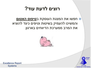 Excellence Report
Systems
‫עוד‬ ‫לדעת‬ ‫רוצים‬?
‫ב‬ ‫העוסקת‬ ‫המצגת‬ ‫את‬ ‫חפשו‬‫האטום‬ ‫טיפוס‬
‫להוציא‬ ‫כיצד‬ ‫וטיפים‬ ‫בשיטות‬ ‫להעמיק‬ ‫והמשיכו‬
‫בארגון‬ ‫הדיווחים‬ ‫ממערכת‬ ‫המרב‬ ‫את‬
12
 