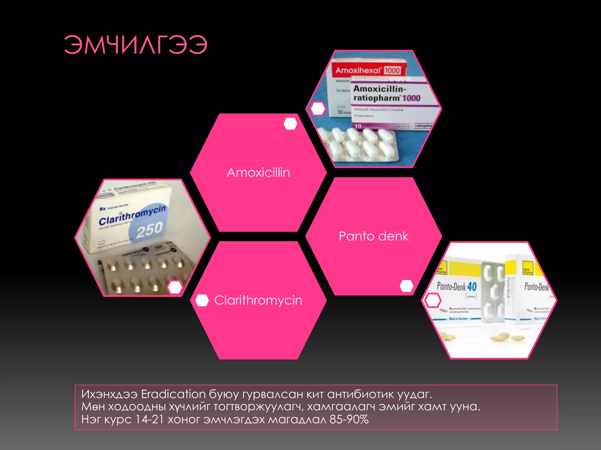 Clarithromycin
Panto denk
Amoxicillin
Ихэнхдээ Eradication буюу гурвалсан кит антибиотик уудаг.
Мөн ходоодны хүчлийг тогтворжуулагч, хамгаалагч эмийг хамт ууна.
Нэг курс 14-21 хоног эмчлэгдэх магадлал 85-90%
 