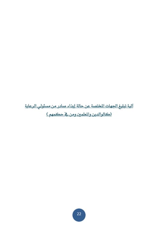 22
‫آلي‬‫مسئولي‬ ‫من‬ ‫صادر‬ ‫إيذاء‬ ‫حالة‬ ‫عن‬ ‫املختصة‬ ‫اجلهات‬ ‫تنليغ‬ ‫ة‬‫الرعاية‬
) ‫حكمهم‬ ‫يف‬ ‫ومن‬ ‫واملعلمني‬ ‫(كالوالدين‬
 