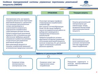 Создания трехуровневой системы управления перетоками реактивной
мощности (НИОКР)
8
Электрические сети, как правило,
загружены балластными перетоками
реактивной мощности, в результате
чего возникают дополнительные
потери электроэнергии и
ограничивается возможность
подключения потребителей к
существующим центрам питания.
Средств компенсации реактивной
мощности (КУ), установленных для
обеспечения требуемых уровней
напряжения в ремонтных режимах,
не достаточно для управления
реактивной мощностью.
Доля реактивной мощности в
нагрузке потребителей превышает
установленные предельные значения.
Отсутствует методика тарифного
стимулирования потребителей к
снижению tgφ.
Для сложных системообразующих
сетей 110 кВ и выше требуется
научно-исследовательская работа по
выбору мест размещения и
определению оптимального
количества КУ.
Требуются разработать активно-
адаптивные алгоритмы управления
источниками реактивной мощности,
включая генераторы ЭС, для решения
задачи оптимизации в режиме
реального времени.
Эффекты от реализации НИОКР
Снижение потерь
электроэнергии в
электрических сетях.
ТЕКУЩАЯ СИТУАЦИЯ ПРОБЛЕМА Текущие затраты
Покупка дополнительной
электроэнергии для
компенсации потерь,
вызванных балластными
перетоками реактивной
мощности.
Дополнительные
капиталовложения для
усиления электрической
сети при подключении
новых потребителей.
Снижение затрат при
подключении новых
потребителей.
Повышение надежности и
качества электроснабжения
потребителей.
 