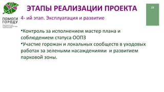 ЭТАПЫ РЕАЛИЗАЦИИ ПРОЕКТА 23
4- ий этап. Эксплуатация и развитие
•Контроль за исполнением мастер плана и
соблюдением статуса ООПЗ
•Участие горожан и локальных сообществ в уходовых
работах за зелеными насаждениями и развитием
парковой зоны.
 