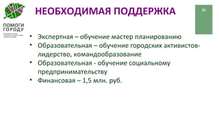 НЕОБХОДИМАЯ ПОДДЕРЖКА 25
• Экспертная – обучение мастер планированию
• Образовательная – обучение городских активистов-
лидерство, командообразование
• Образовательная - обучение социальному
предпринимательству
• Финансовая – 1,5 млн. руб.
 