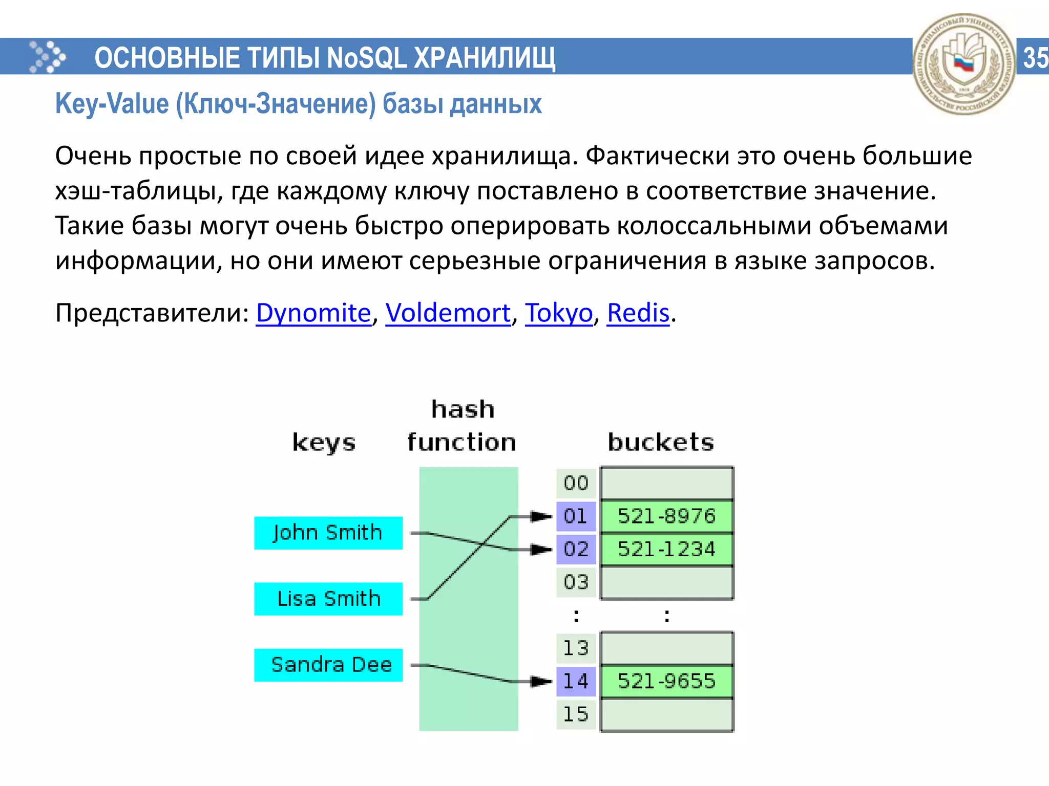 35ОСНОВНЫЕ ТИПЫ NoSQL ХРАНИЛИЩ
Key-Value (Ключ-Значение) базы данных
Очень простые по своей идее хранилища. Фактически это очень большие
хэш-таблицы, где каждому ключу поставлено в соответствие значение.
Такие базы могут очень быстро оперировать колоссальными объемами
информации, но они имеют серьезные ограничения в языке запросов.
Представители: Dynomite, Voldemort, Tokyo, Redis.
 